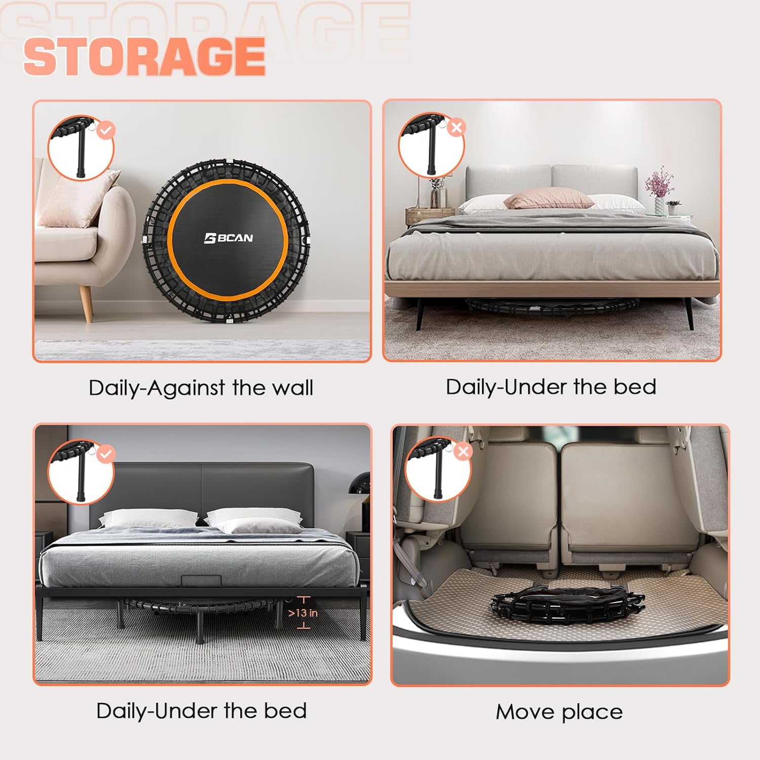 BCAN 450/550 LBS Foldable Mini Trampoline, 40"/48" Fitness Trampoline with Bungees, U Shape Adjustable Foam Handle, Stable & Quiet Exercise Rebounder for Adults Indoor/Outdoor Workout wourant