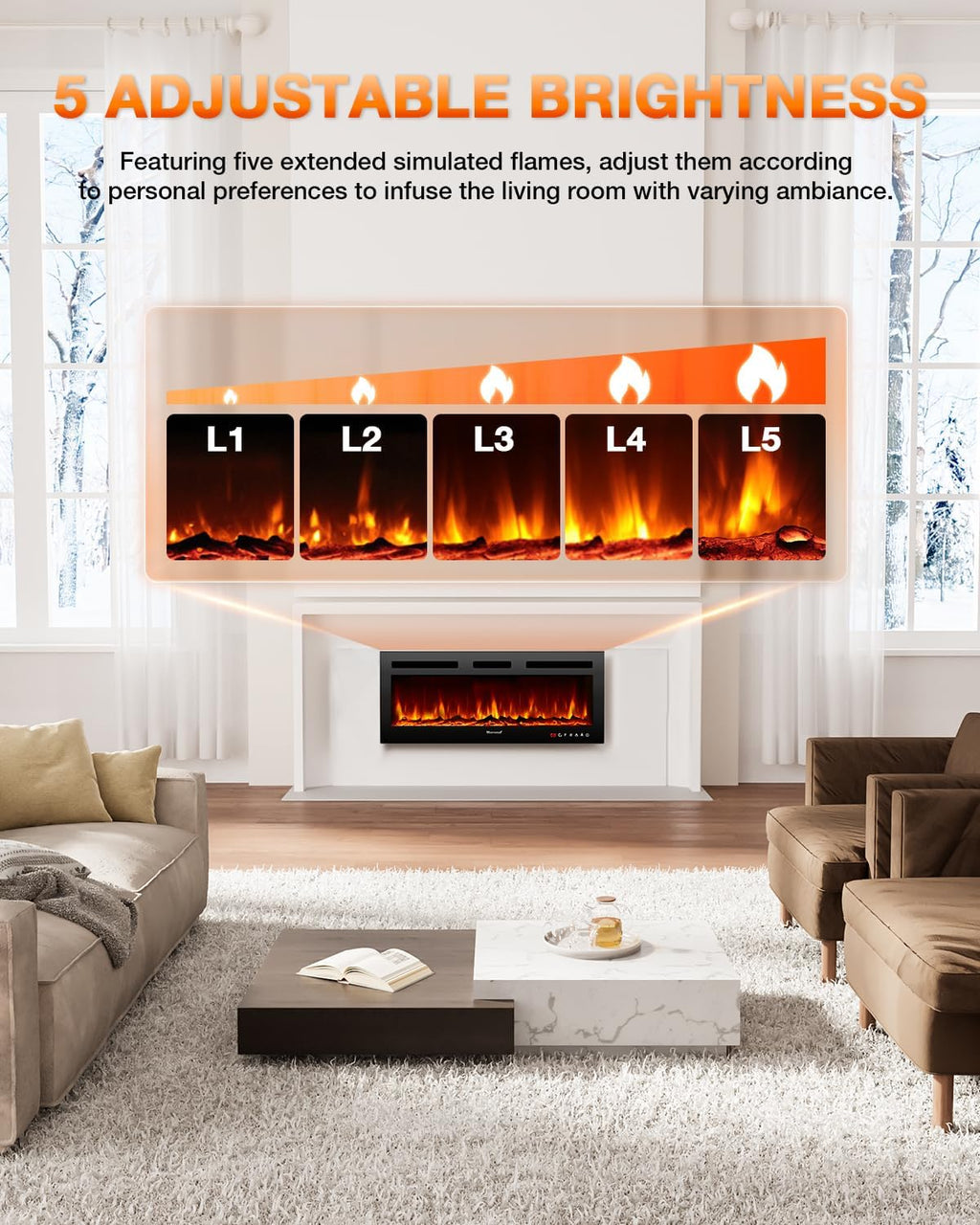 Electric Fireplace 60Inch,Wall Mounted Electric Fireplace Heater with Timer Inserts，TV Stand Touch Screen and Realistic Flame,Log Set,Crystal Flames 750 to 1500W，Remote for Living Room wourant