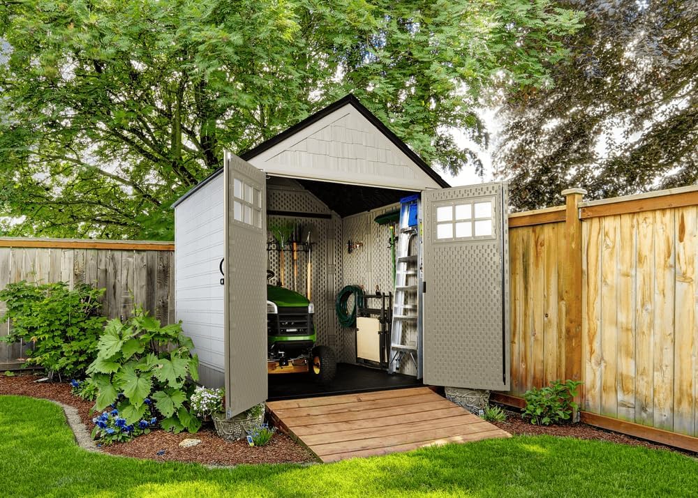 Rubbermaid Resin Outdoor Storage Shed With Floor (7 x 7 Ft) Weather Resistant Gray Organization for Home/Backyard/Garden Tools/Lawn Mower/Bike Storage/Pool Supplies wourant