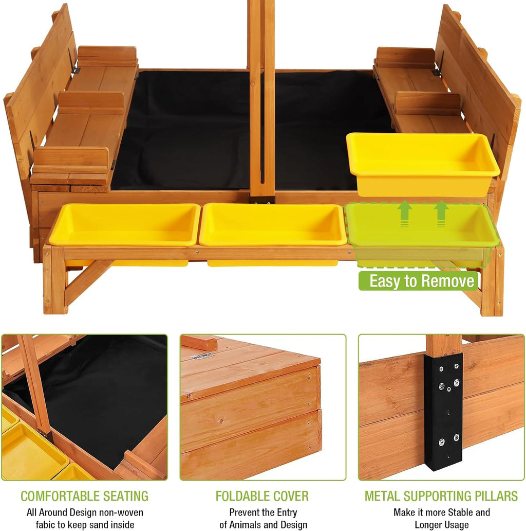 Kids Wooden Outdoor Sandbox w/Canopy, 2 Foldable Bench Seats, Retractable Roof Sand Protection Liner 47x47-Inch wourant