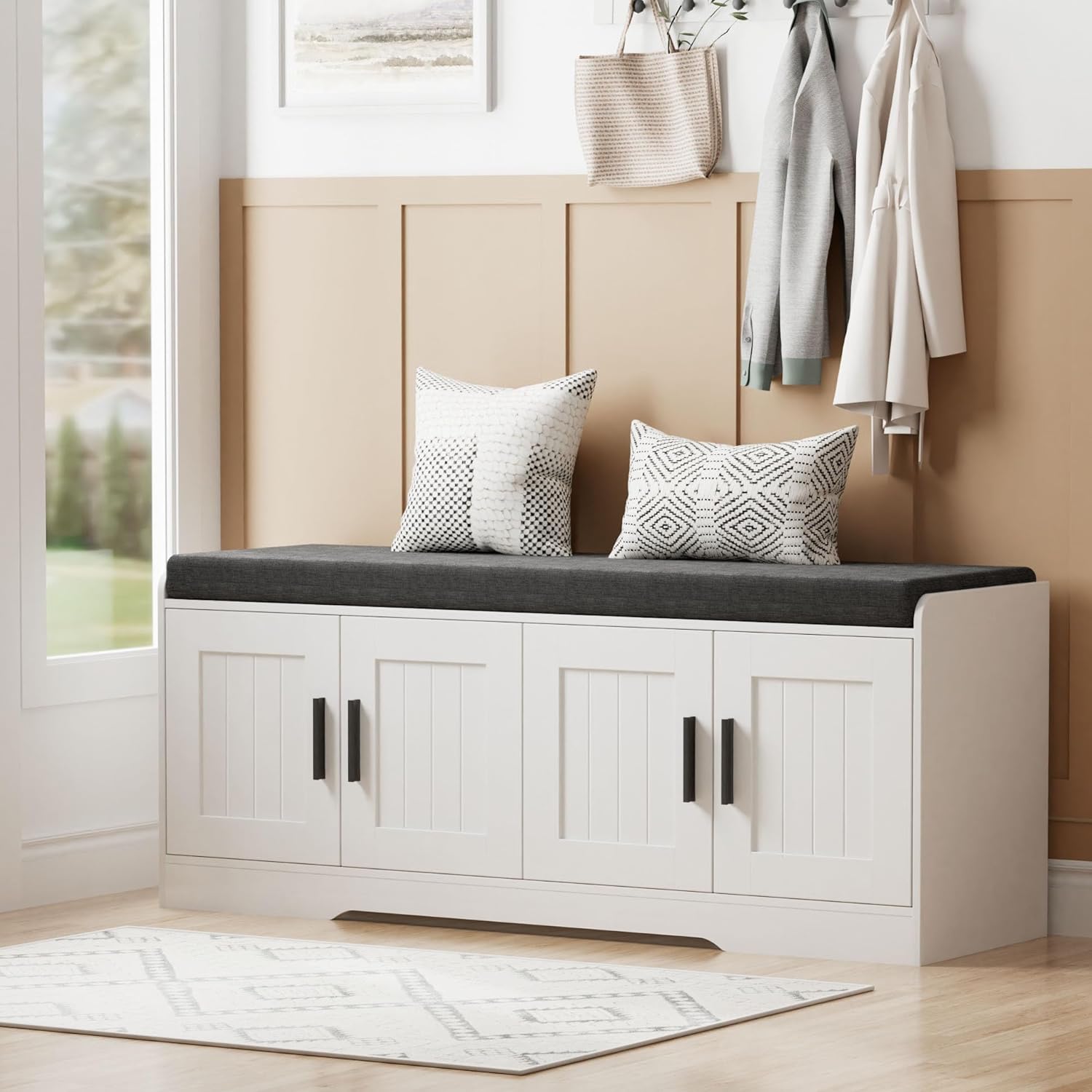 2-Tier Storage Bench, Shoe Bench with Thickened Padded Seat Cushion, Entryway Bench with 4 Doors, Adjustable Shelf wourant