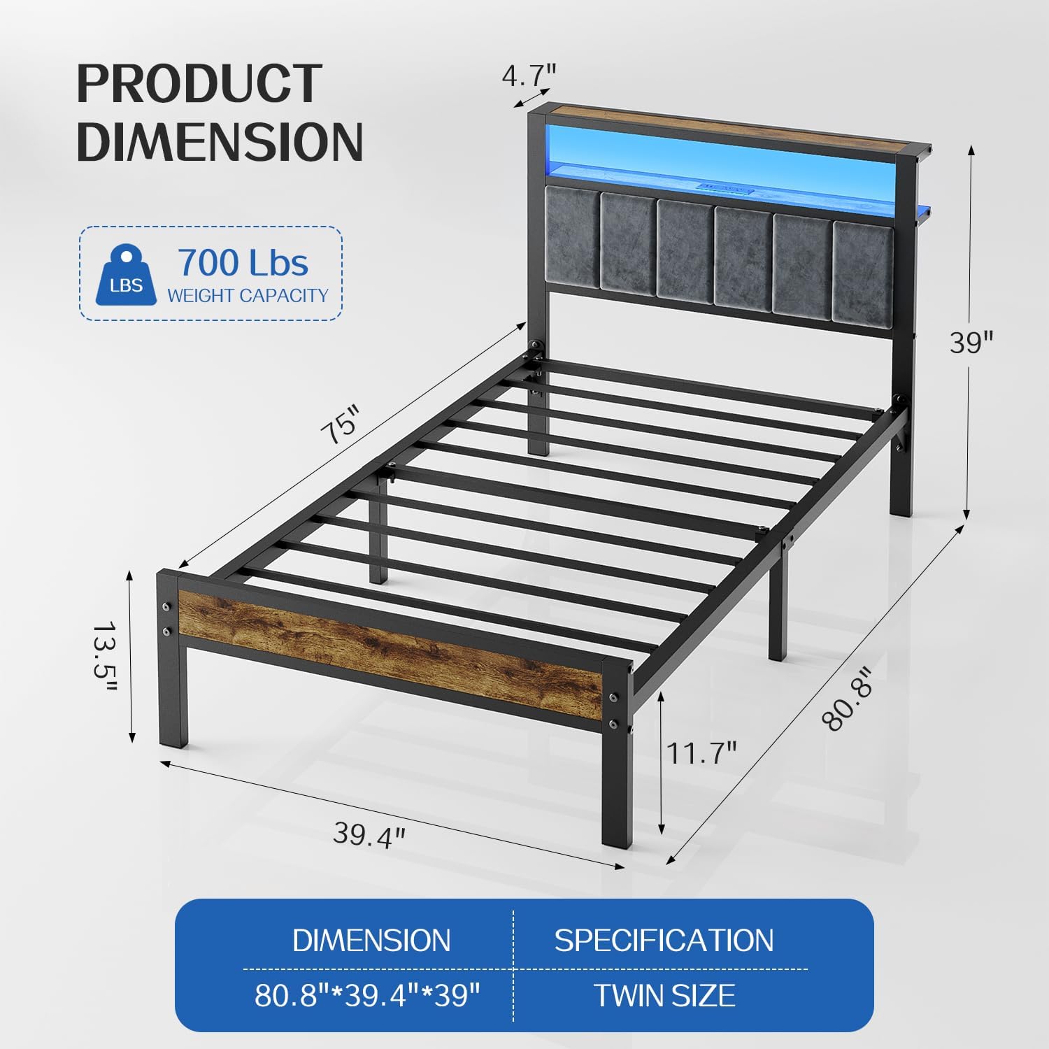 Queen Size Bed Frame with 2-Tier Storage Shelves Headboard Platform Bed Charging Station wourant