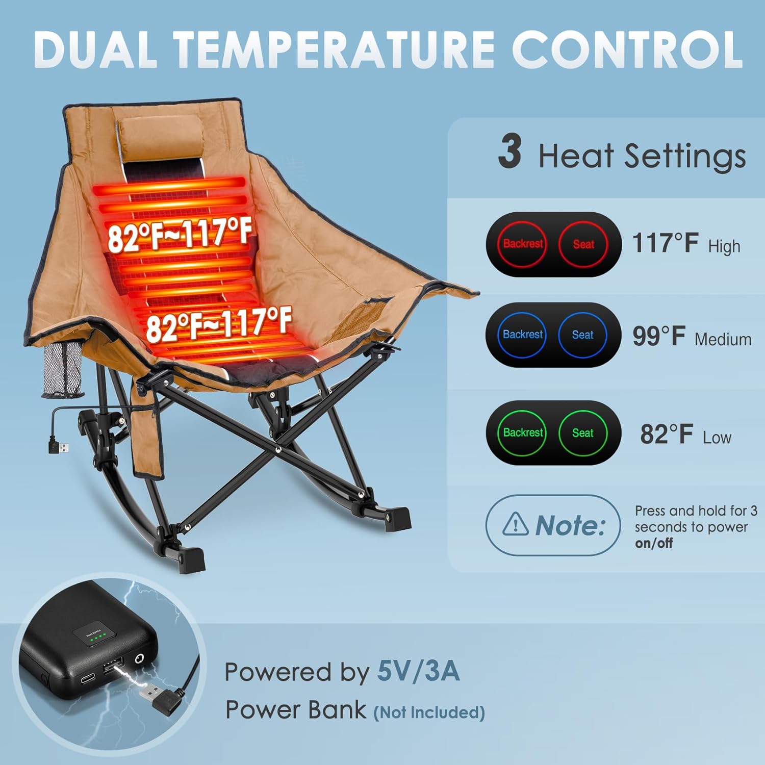 Heated Camping Chair, Extra Large Heated Chair Outdoor Sports Chair with 3 Heat Levels on Back and Seat, Portable Folding Heated Outdoor Chair (Batteries Not Included) wourant