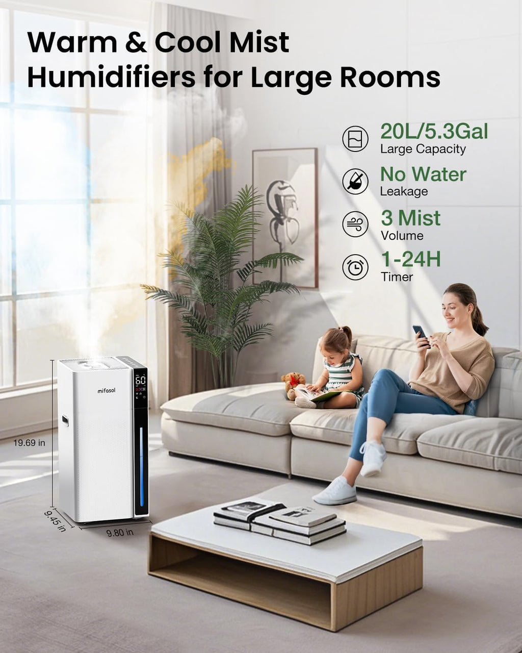 Mifasol Humidifier Large Room, 5.3 Gallon/20 Liter Home Warm and Cool Mist Humidifier wourant