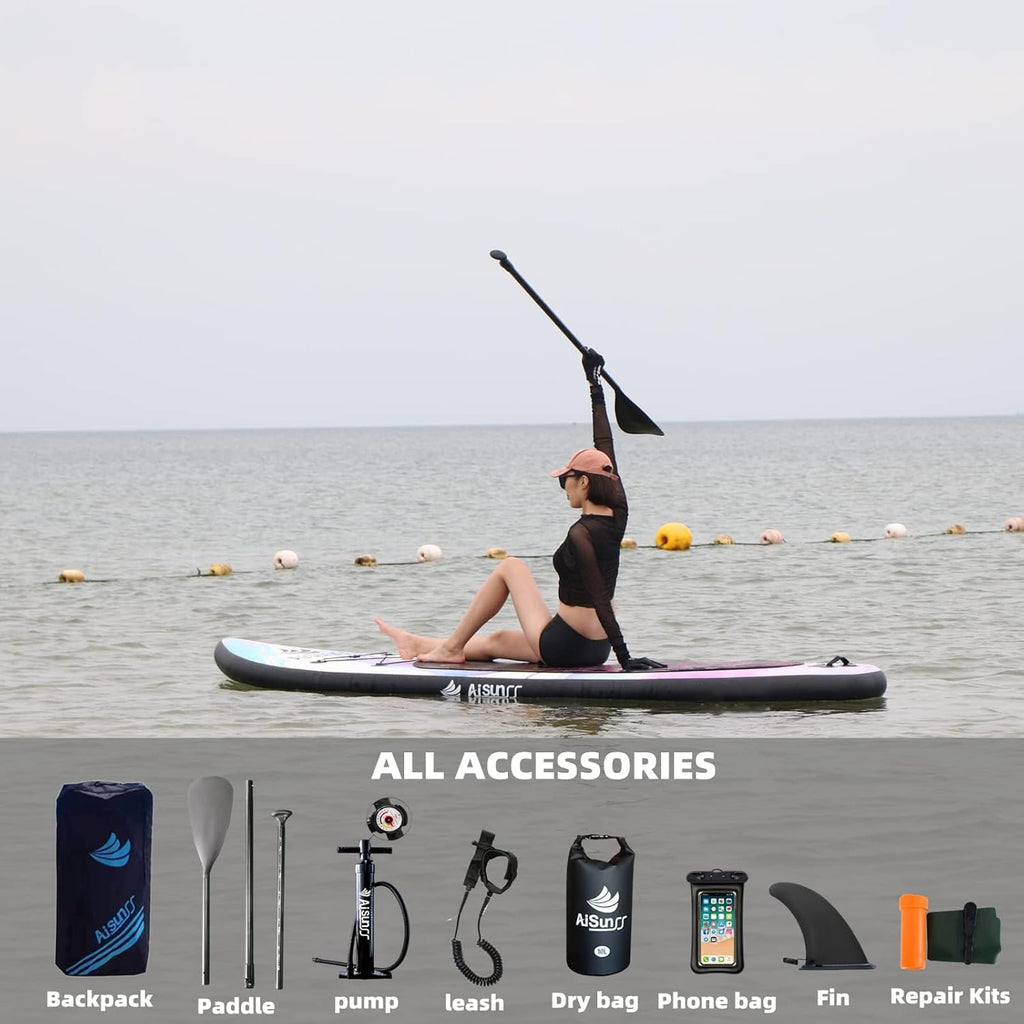 Inflatable wide SUP board with SUP carrying bag, hand pump, 10L waterproof bag and adjustable paddle wourant