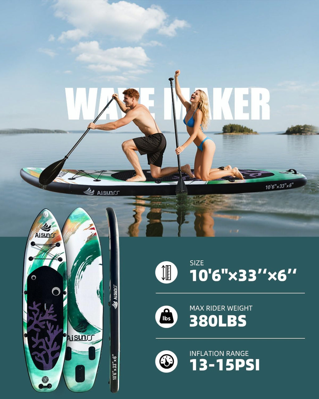 Inflatable wide SUP board with SUP carrying bag, hand pump, 10L waterproof bag and adjustable paddle wourant