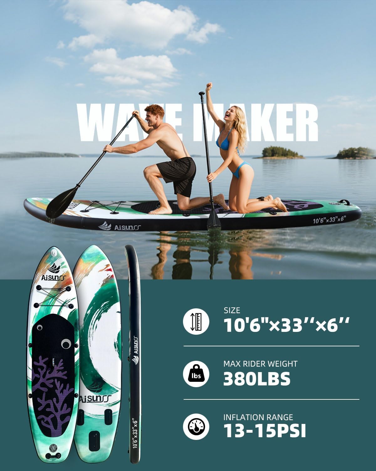 Inflatable wide SUP board with SUP carrying bag, hand pump, 10L waterproof bag and adjustable paddle wourant