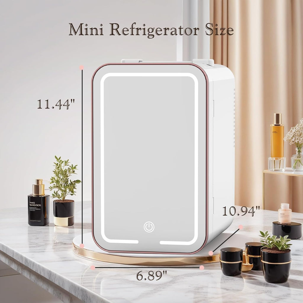 Skincare Fridge, 6L/10 Can Mini Fridge for Bedroom with Dimmable LED Mirror, Portable Cooler & Warmer Small Compact Refrigerator for Skincare, Cosmetics, Bedroom and Office, White wourant