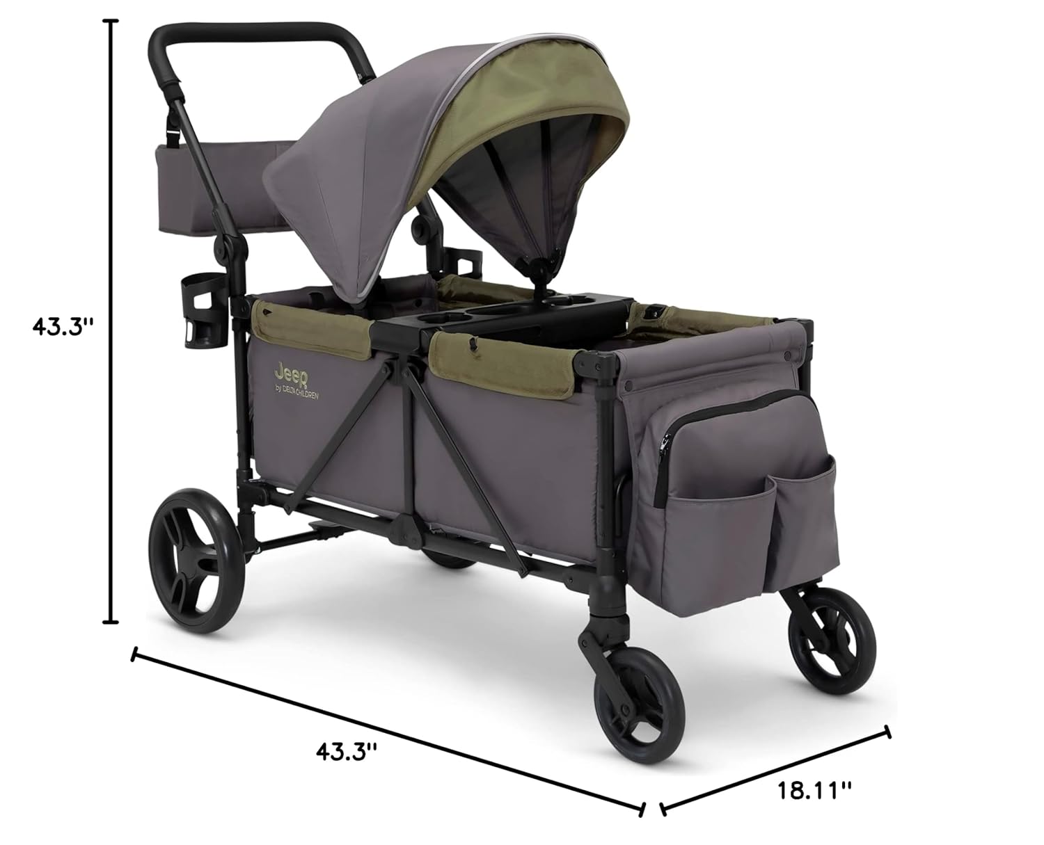 Jeep Sport All-Terrain Stroller Wagon by Delta Children - Includes Canopy, Parent Organizer, Adjustable Handlebar, Snack Tray & Cup Holders, Grey/Olive Green wourant