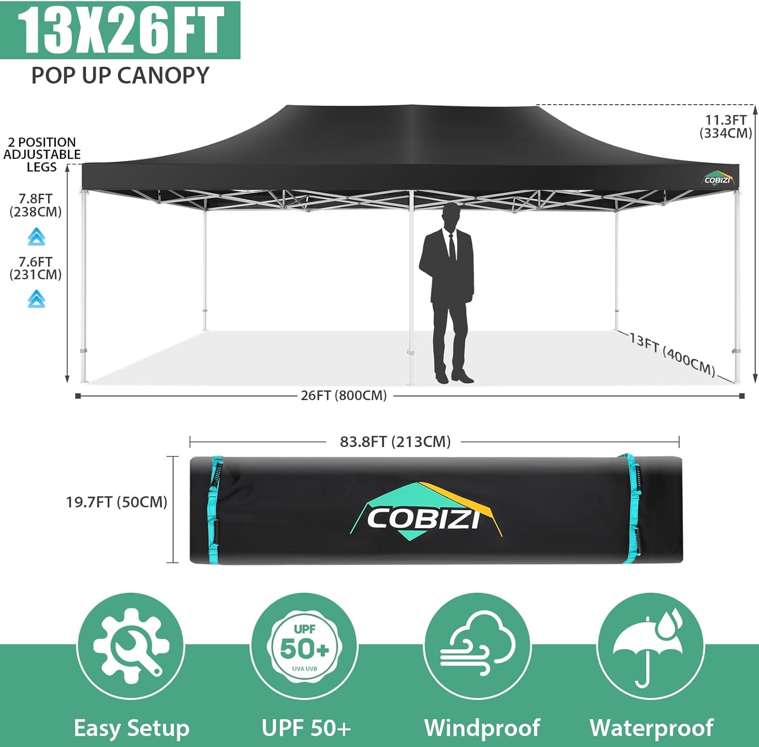 COBIZI 10x20 Heavy Duty Pop up Canopy Tent with 6 sidewalls Easy Up Commercial Outdoor Canopy Wedding Party Tents for Parties All Season Wind & Waterproof Gazebo with Roller Bag,Black(Frame Thickened) wourant