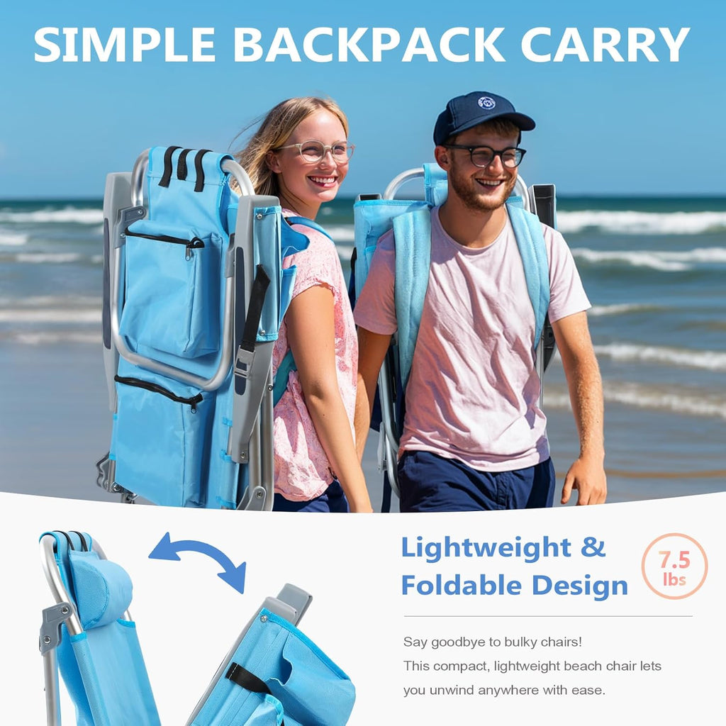 5-Position Aluminum Lay Flat Tall Backpack Beach Chairs 2 Pack Compact Portable Beach Chairs for Adults with Cooler Pouch, Storage Pouch, Towel Bar, Cup Holder & Phone Holder, Blue Stripe wourant
