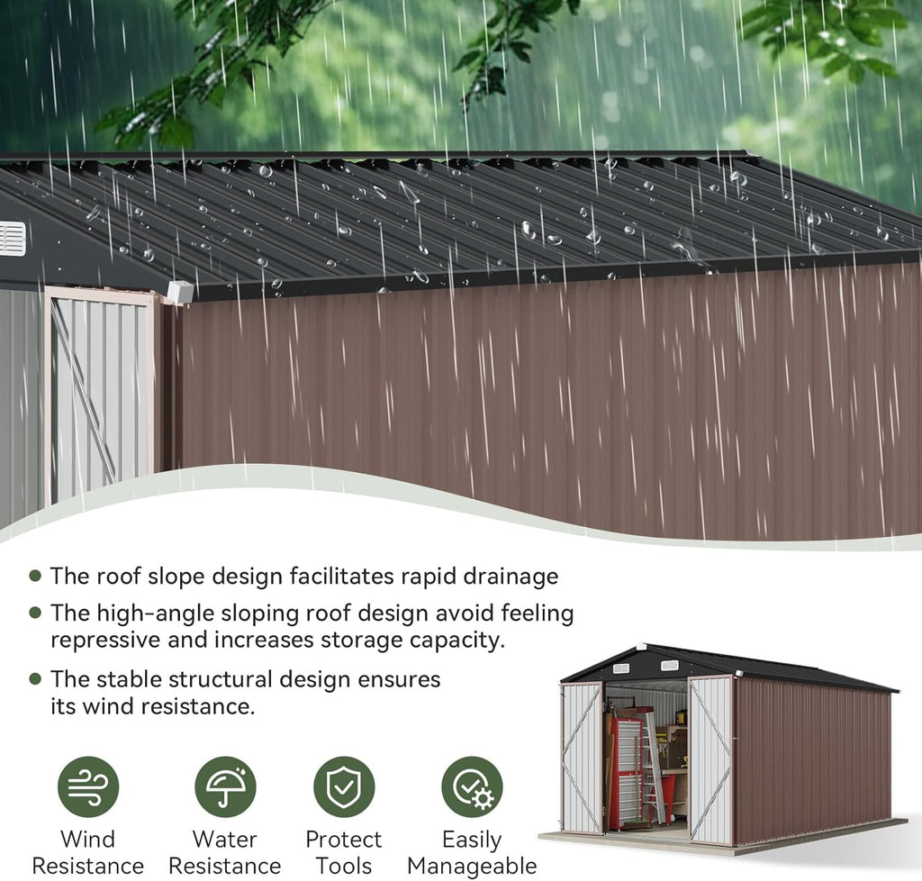 Aoxun 12x10 FT Shed Metal Outdoor Waterproof Storage Shed Steel Utility Garden Tool Shed with Door & Lock Outdoor Storage for Garden Patio Lawn Poolside, Brown wourant