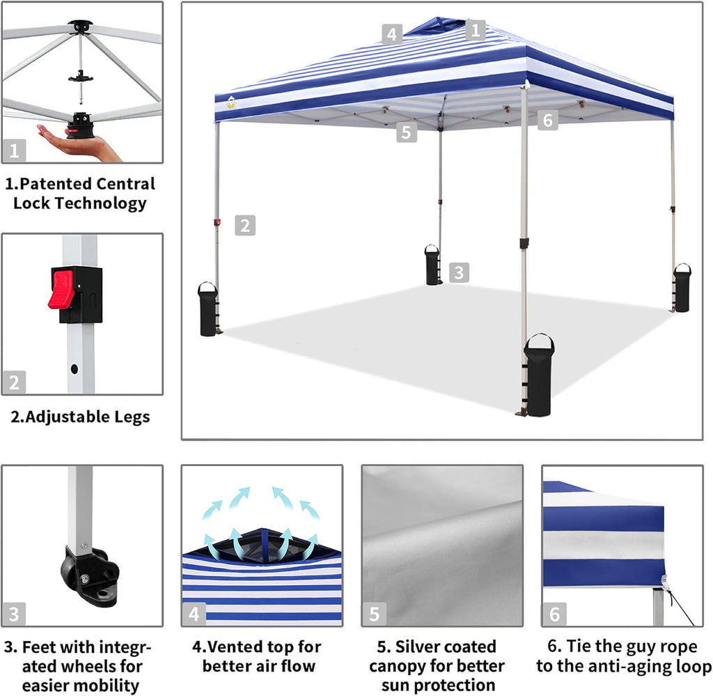 10x10 Pop-Up Awning - One-Click Installation Beach Tent - Outdoor Sunshade Silver Coated Top, 3 Heights and 4 Sand Pockets wourant