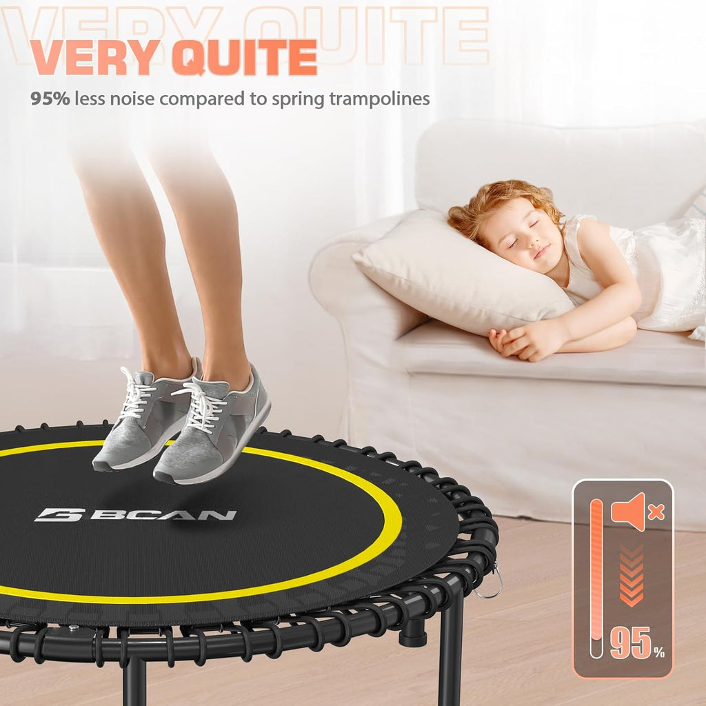 BCAN 450/550 LBS Foldable Mini Trampoline, 40"/48" Fitness Trampoline with Bungees, U Shape Adjustable Foam Handle, Stable & Quiet Exercise Rebounder for Adults Indoor/Outdoor Workout wourant