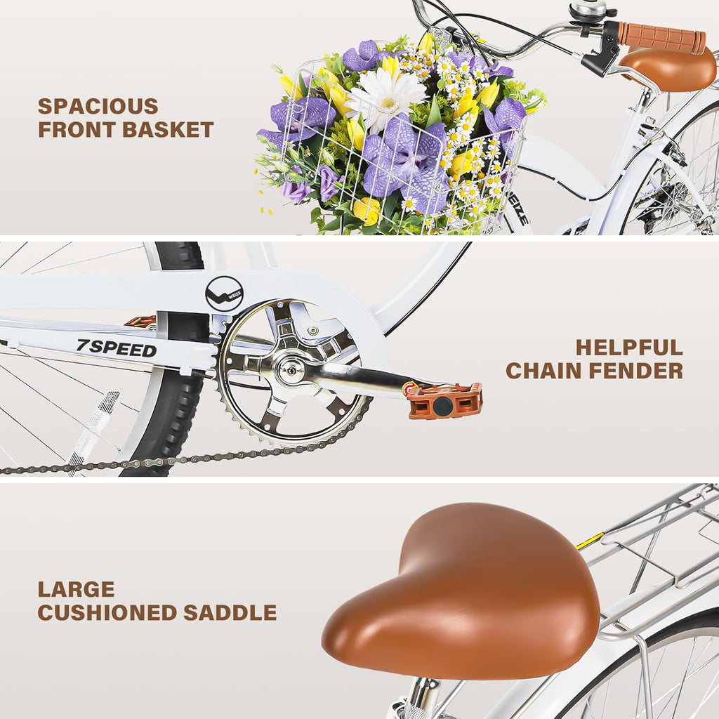 WEIZE Beach Cruiser Bike, 26 inch Commuter Bicycle for Adult Men and Women, 7-Speed/High-Carbon Steel/Front & Rear Fenders, Comfortable City Bikes with Rear Rack or Basket, Ergonomic Upright Design wourant