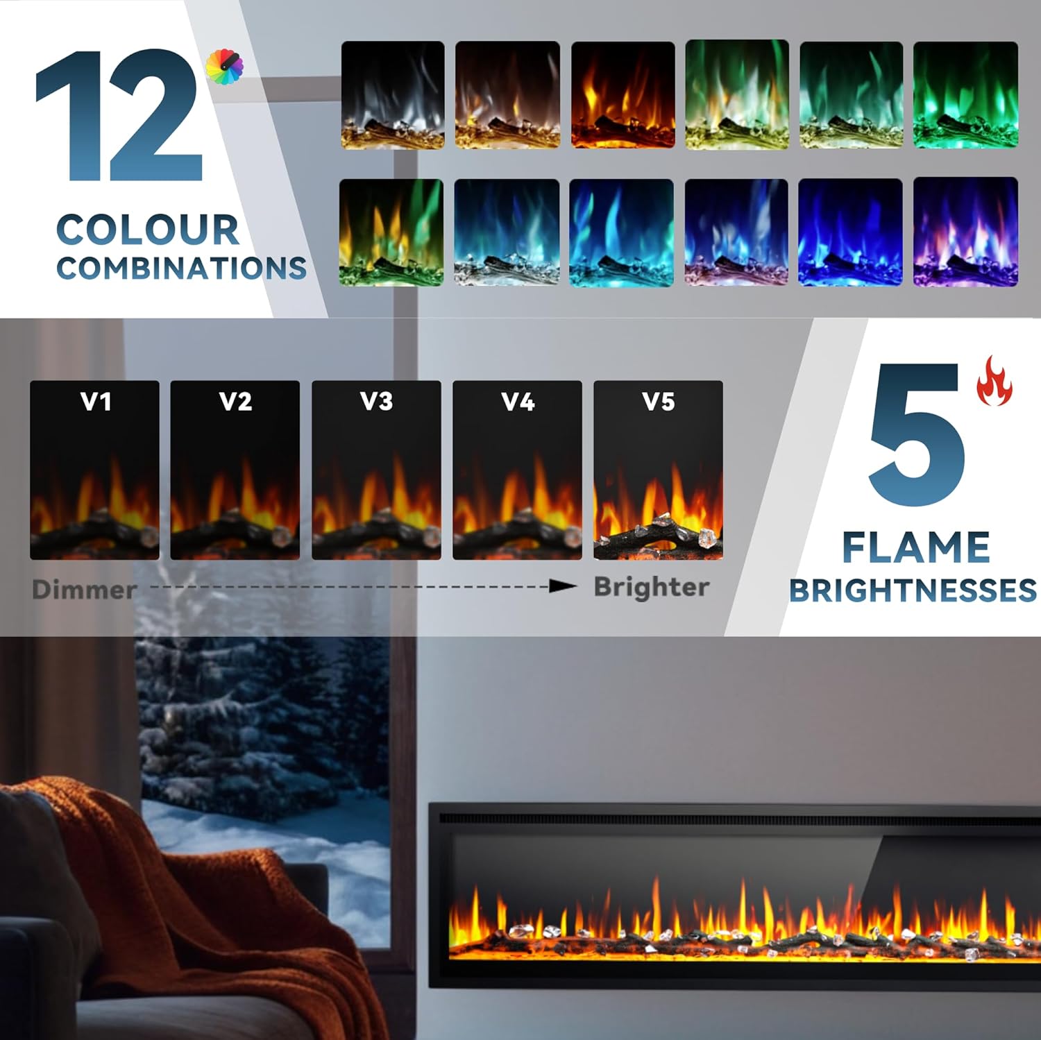 EUHOMY 50 Inch Electric Fireplace Wall Recessed and Wall Mounted with Adjustable Flame Color, Fireplace Heater with Remote Control, Linear Fireplace with Timer, Touch Screen, Log & Crystal, 750/1500W wourant