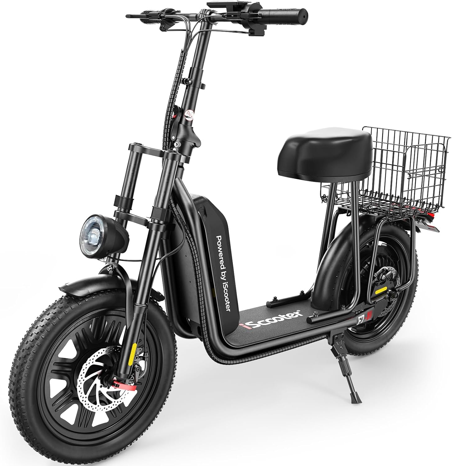 iScooter electric scooter with seat, 37/21 mile range, 28/19/15.6 mph top speed, dual suspension scooter with basket wourant