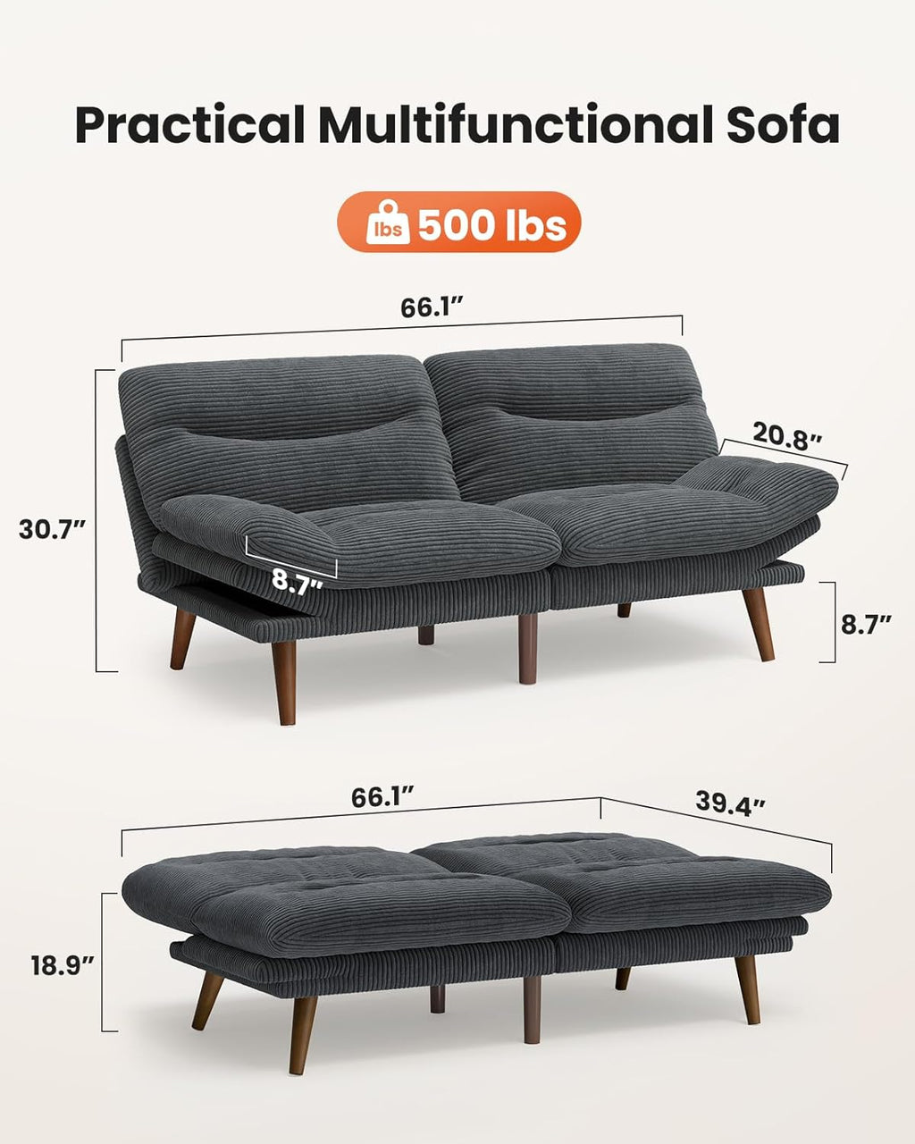 Pipishell Convertible Futon Sofa Bed,66" Corduroy Futon Couch with Adjustable Backrest and Armrests, Recliner Sleeper Sofa for Small Spaces, Play Room or Office, Grey wourant