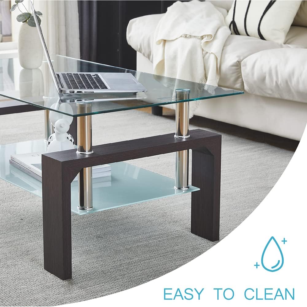 Living Room Rectangle Coffee Table, Tea Table Suitable for Waiting Room, Modern Side Coffee Table with Wooden Leg, Glass Tabletop wourant