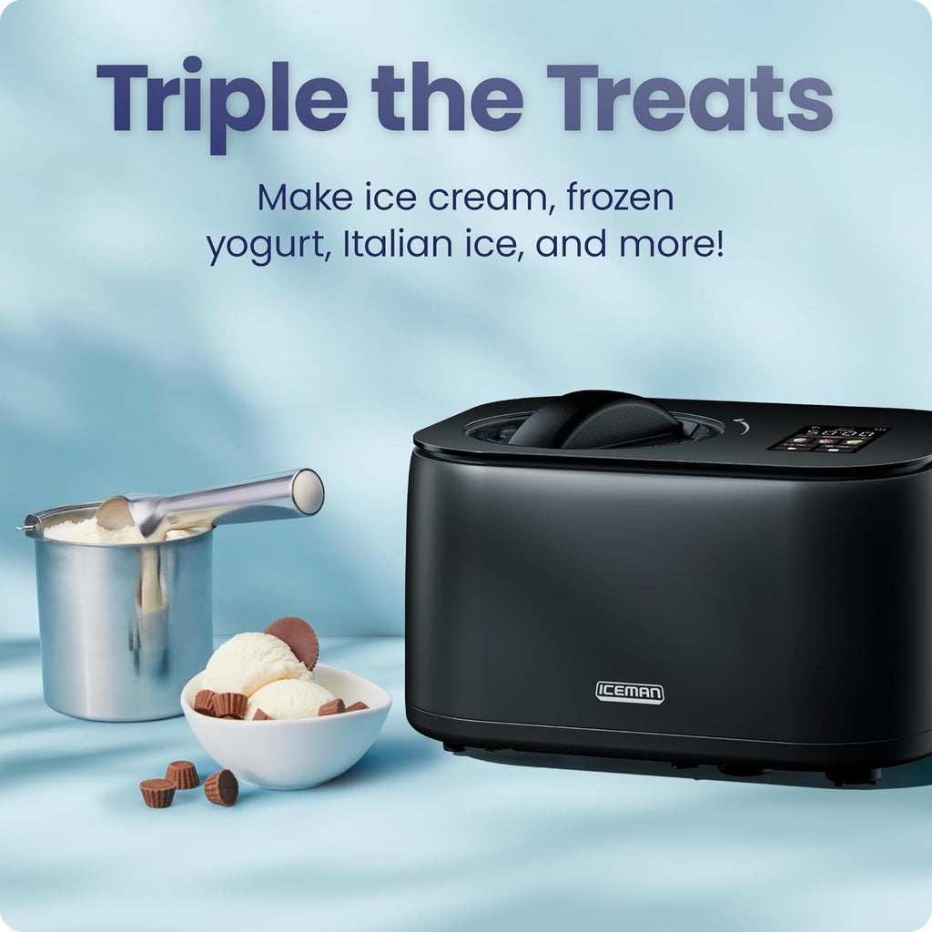 Iceman by Chefman Ice Cream Maker, No Pre-Freezing with Built-In Compressor, Makes Ice Cream, Froyo, Sorbet, Sherbet, Italian Ice, Frozen Yogurt, Digital Display w/ 3 Presets, 2 Pint Inserts Included woonhhop