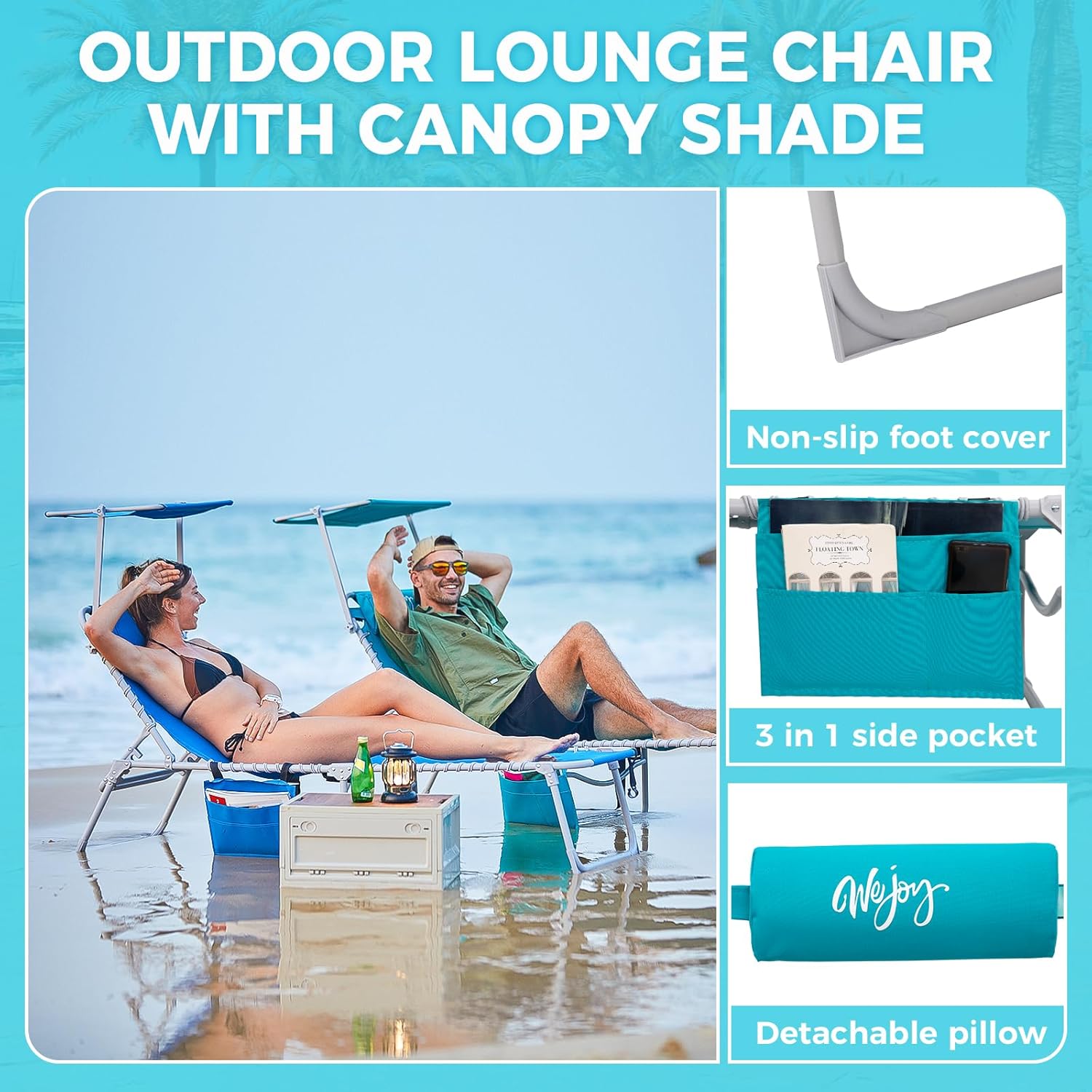 2 Pack Outdoor Chaise Lounge Chair - Portable Folding Patio Pool Lounge Chair, 5 Positions Adjustable Reclining Camping Chair with Side Table,Shoulder Strap, Pillow for Beach Sunbathing Lawn wourant