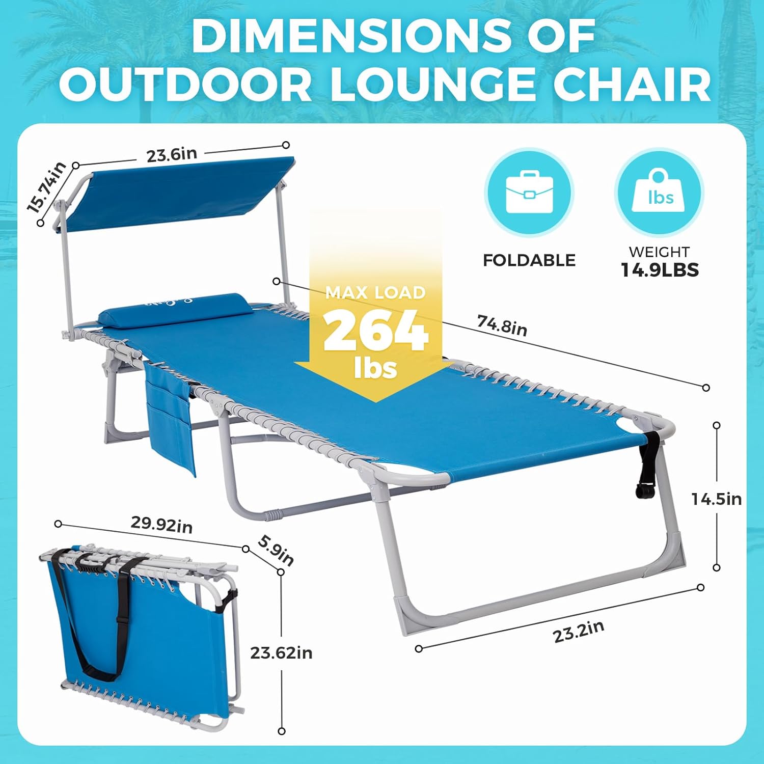 2 Pack Outdoor Chaise Lounge Chair - Portable Folding Patio Pool Lounge Chair, 5 Positions Adjustable Reclining Camping Chair with Side Table,Shoulder Strap, Pillow for Beach Sunbathing Lawn wourant