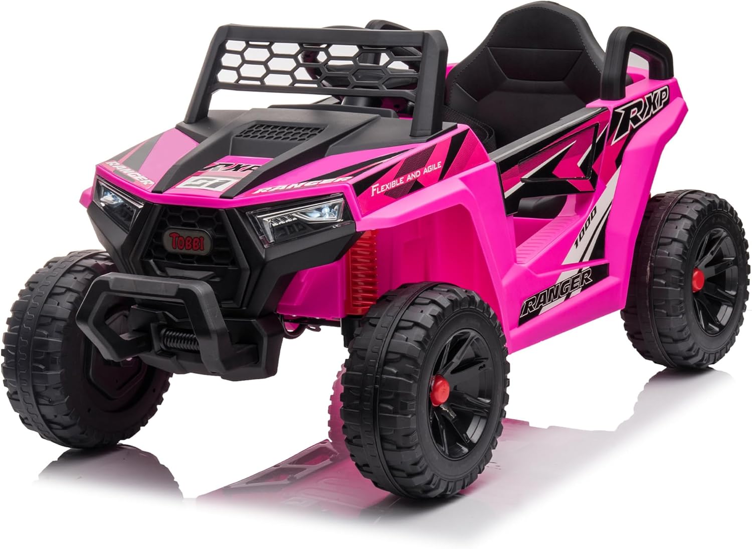 TOBBI 12V Kids Ride on Car, Electric Off-Road UTV Truck with Diverse Functions, Double Open Doors, Safety Belt, Horn, Music, and Lights for Kids Aged 3-5 Years (Rose Red) wourant