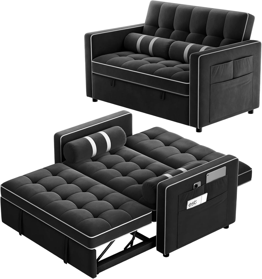 Pipishell 3 in 1 Convertible Sleeper Sofa Bed,Pull Out Couch for Living Room with USB Ports & Side Pockets,Adjustable Backrest,Velvet,Loveseat Sofa Bed,Futon Couches,Black wourant