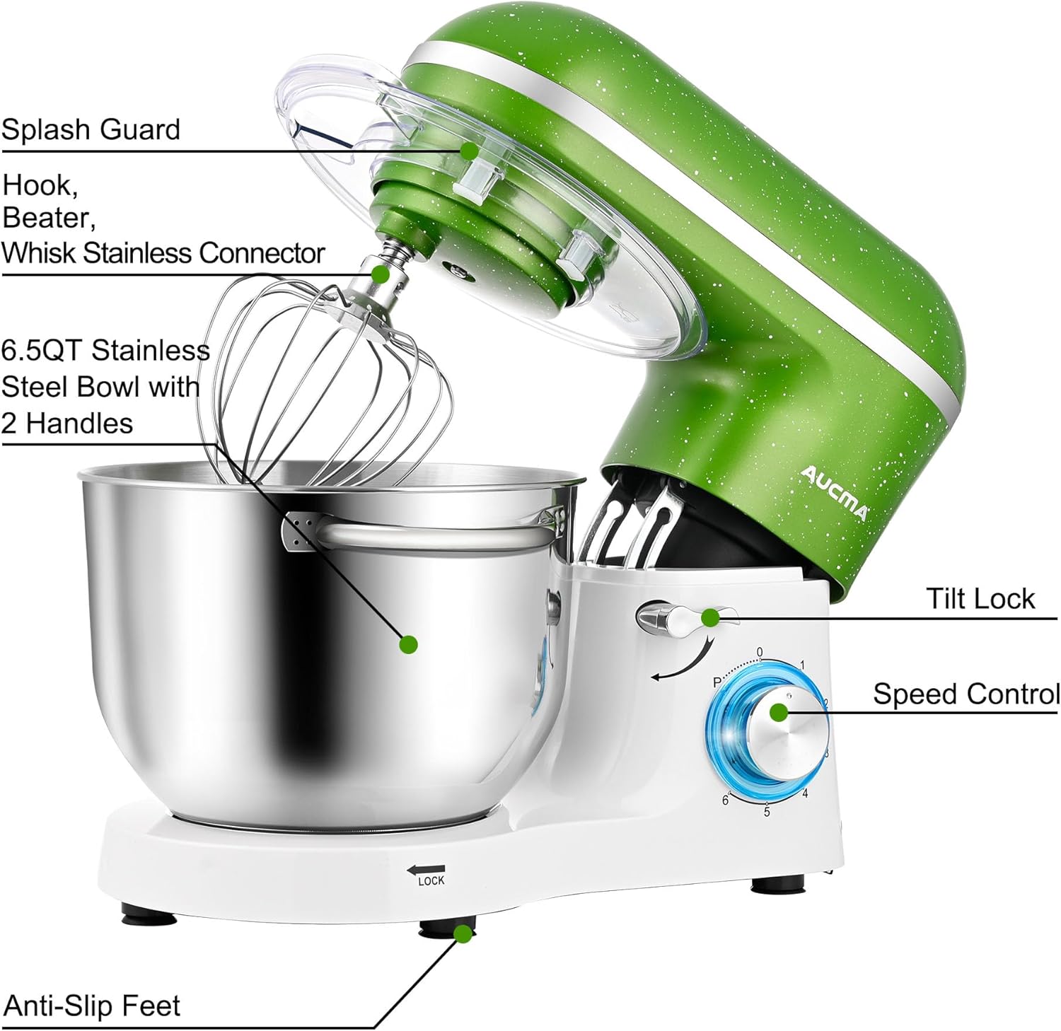 Aucma Stand Mixer,6.5-QT 660W 6-Speed Tilt-Head Food Mixer, Kitchen Electric Mixer with Dough Hook wourant