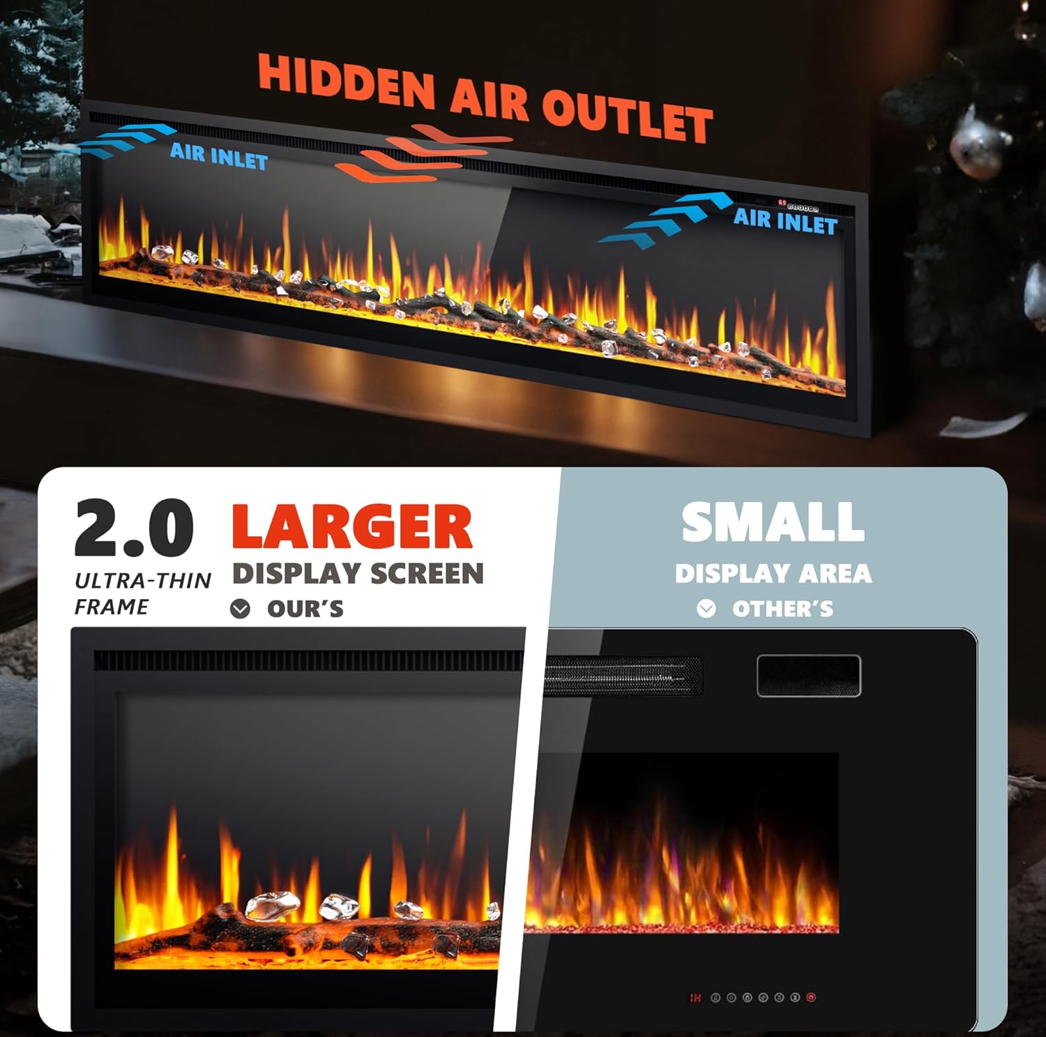 EUHOMY 50 Inch Electric Fireplace Wall Recessed and Wall Mounted with Adjustable Flame Color, Fireplace Heater with Remote Control, Linear Fireplace with Timer, Touch Screen, Log & Crystal, 750/1500W wourant
