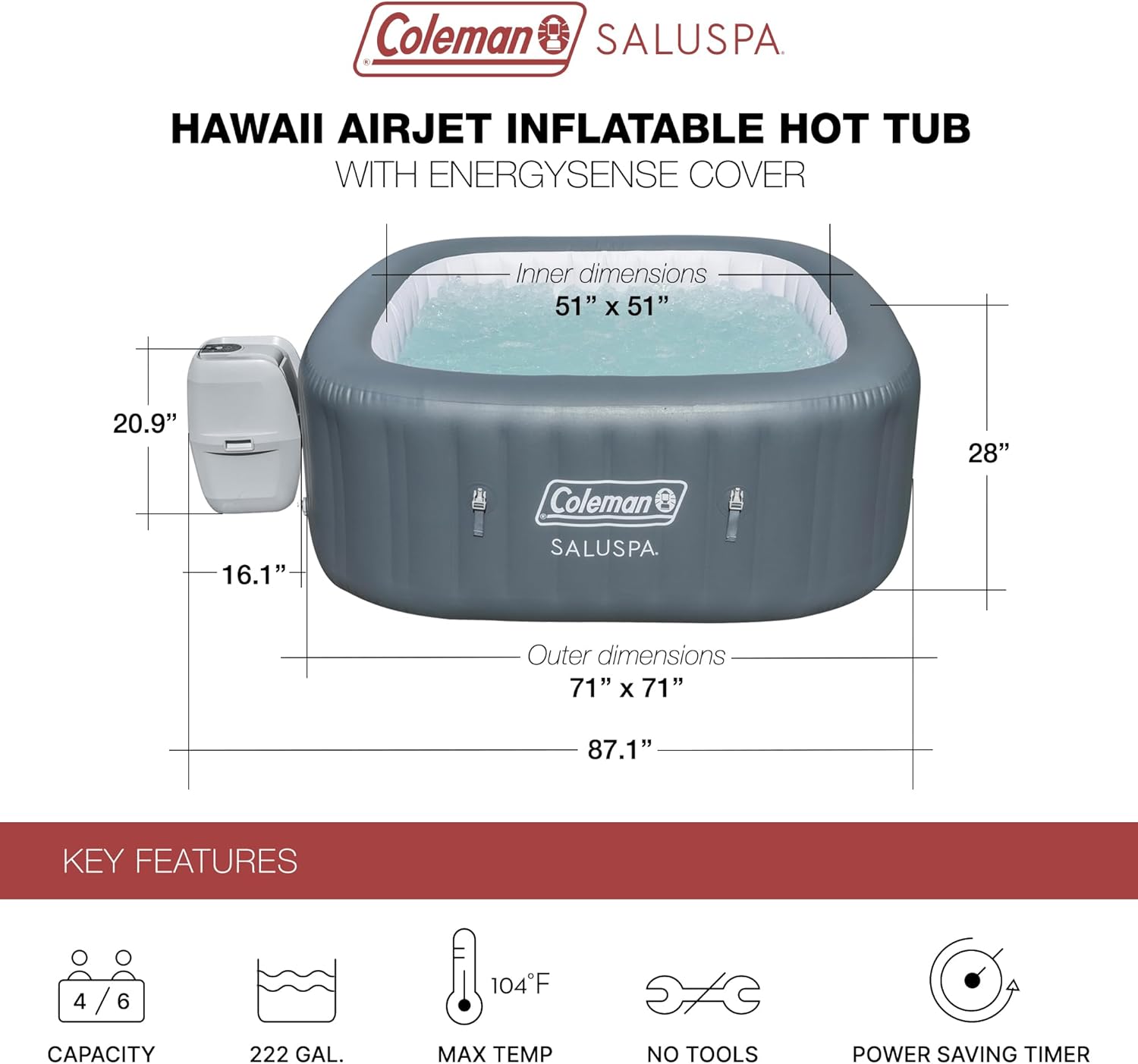 Coleman SaluSpa Atlantis AirJet 4 to 6 Person Inflatable Hot Tub Square Portable Outdoor Spa with 140 Soothing Jets with Cover, Blue wourant