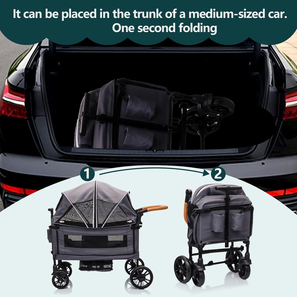 Wagon Stroller for 2 Kids & Cargo-Travel Stroller Push-Pull Double Wagon Lightweight Folding Stroller for Newborn&Toddler with 5-Point Harness,Adjustable Handle Bar and Canopy,Tray Table,Cup Holder wourant