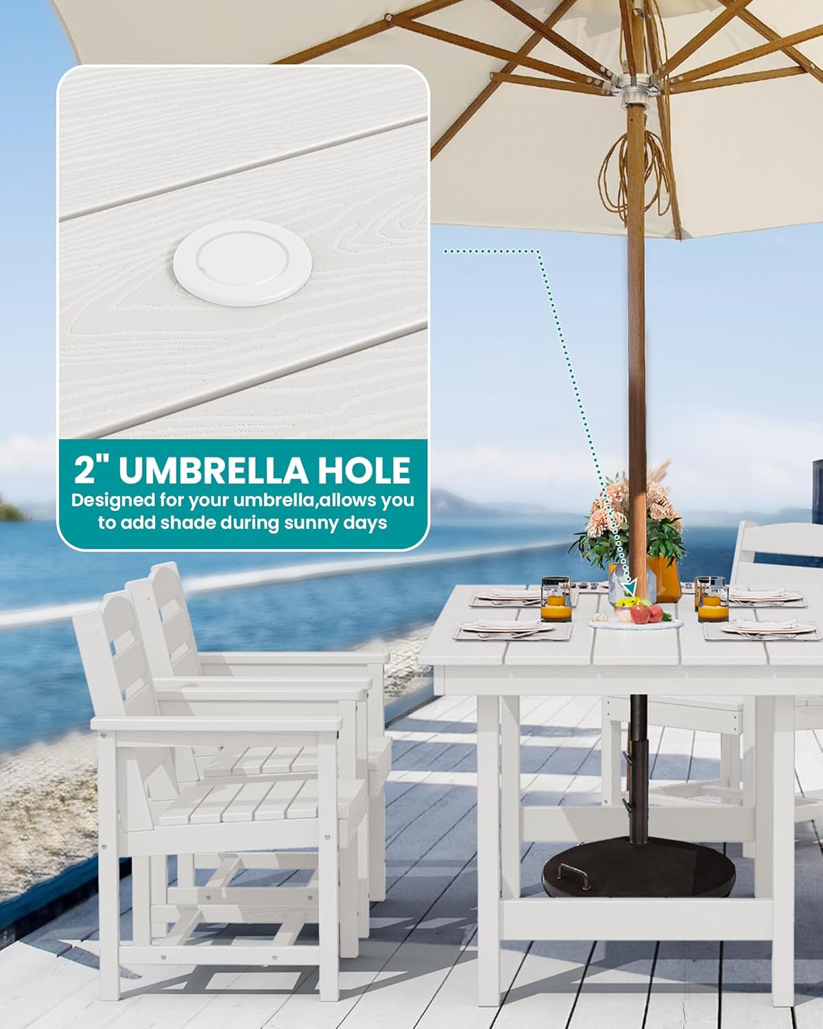 Outdoor HDPE Dining Table Set, 7-Piece Outdoor Dining Table Sets with Umbrella Hole Cut-Out Table and 6 Chairs wourant