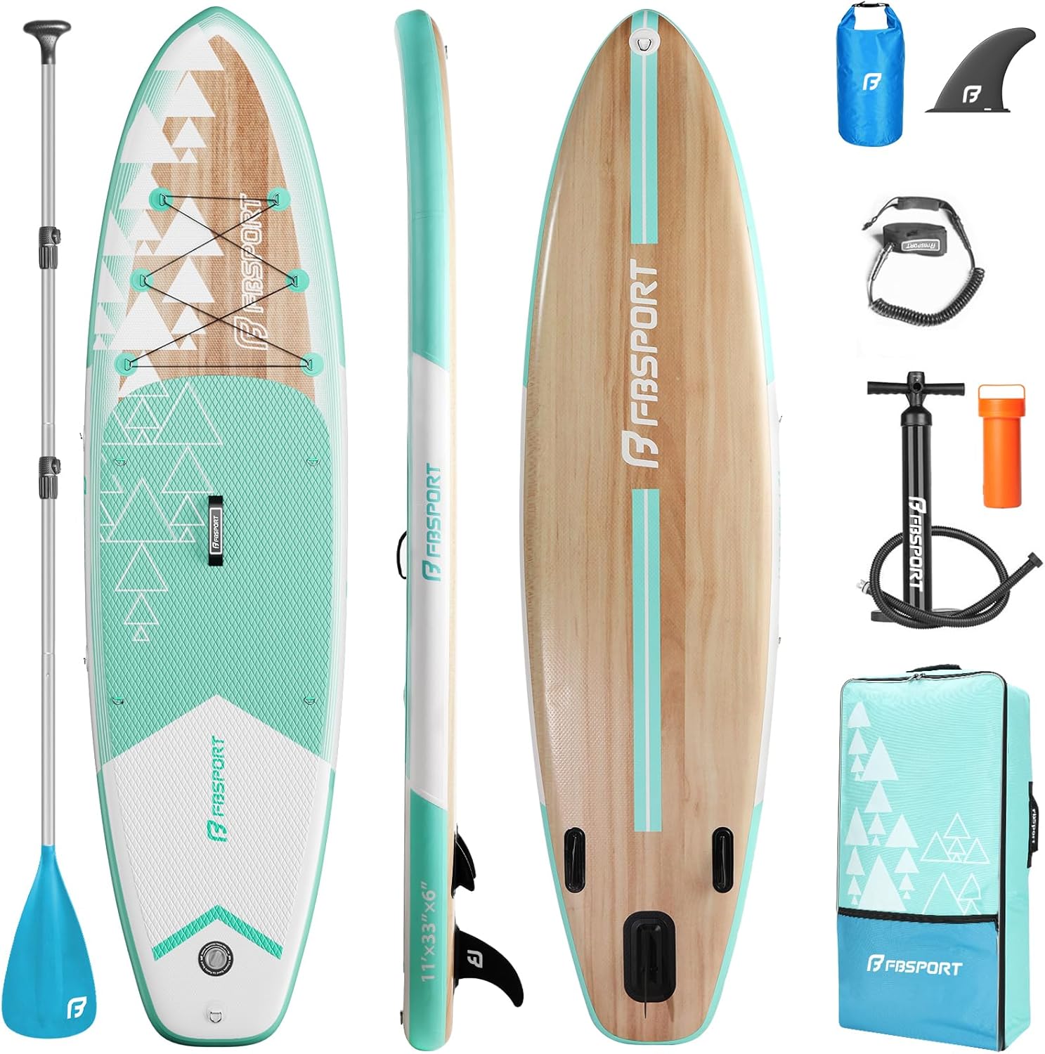 FBSPORT 11' Premium Stand Up Paddle Board, Yoga Board with Durable SUP Accessories & Carry Bag | Wide Stance, Surf Control, Non-Slip Deck, Leash, Paddle and Pump for Youth & Adult wourant