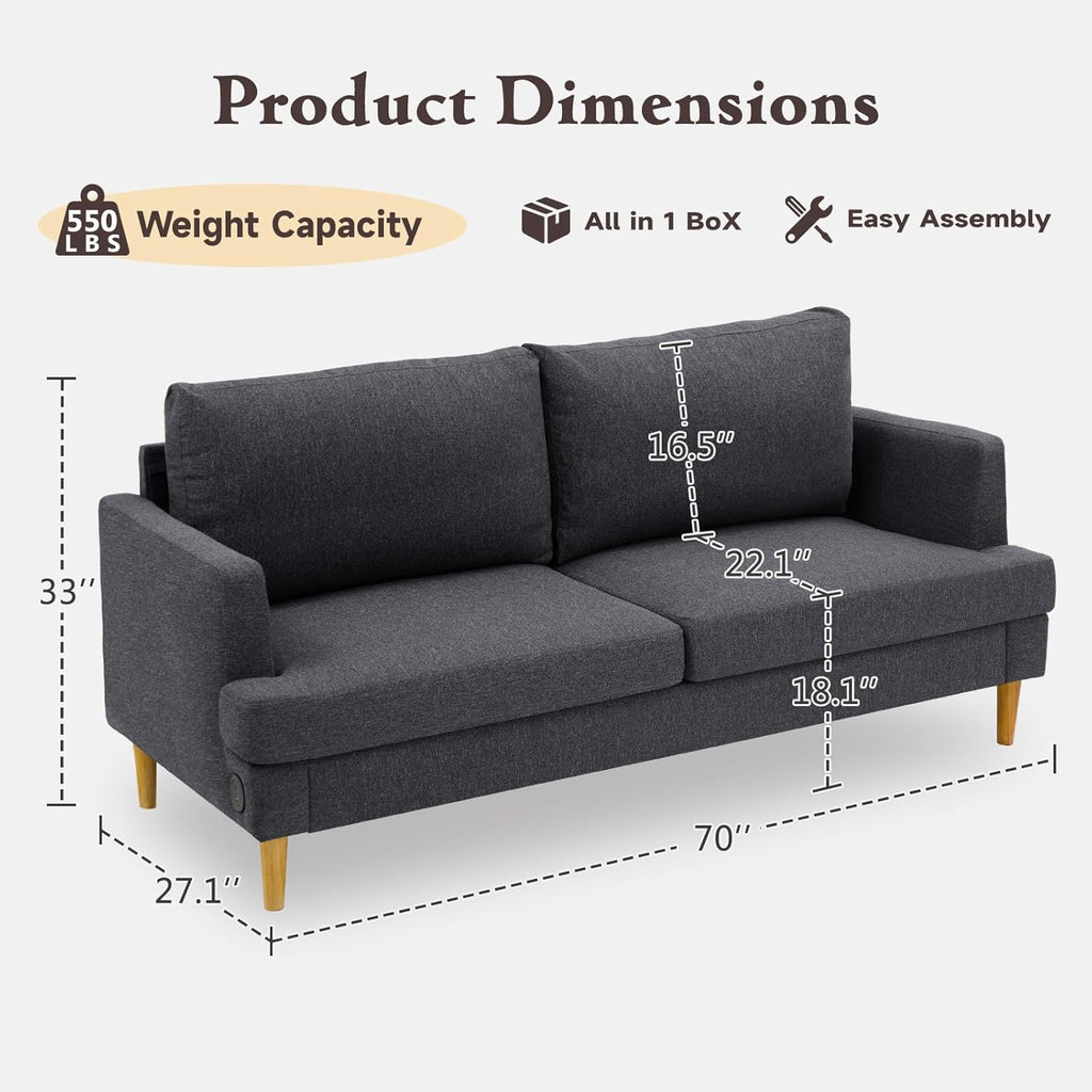 Loveseat Sofa Couch for Living Room USB Type C Ports Dark Gray Upholstered Small Couches wourant