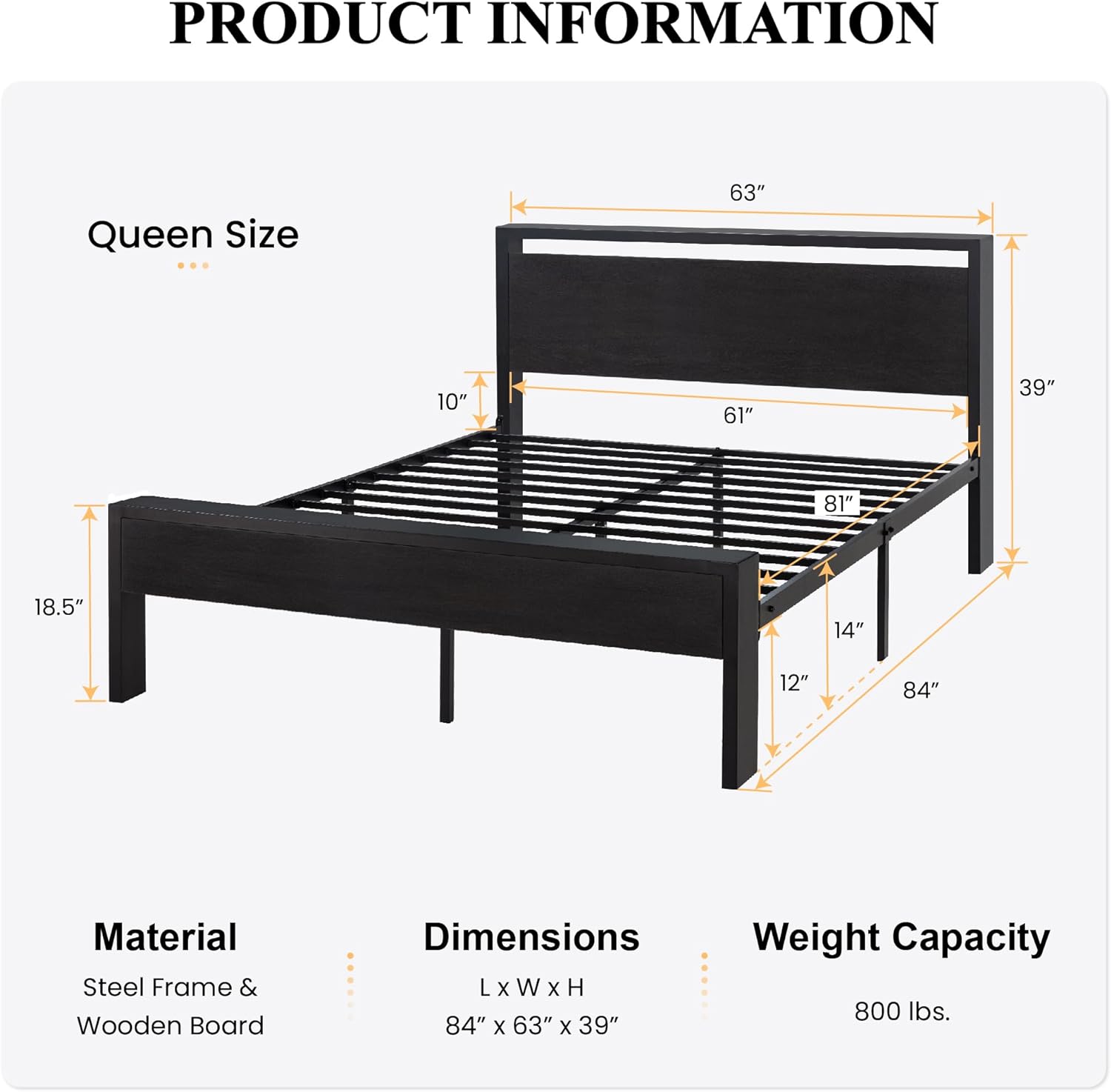 SHA CERLIN 14 Inch Full Size Metal Platform Bed Frame with Wooden Headboard and Footboard wourant