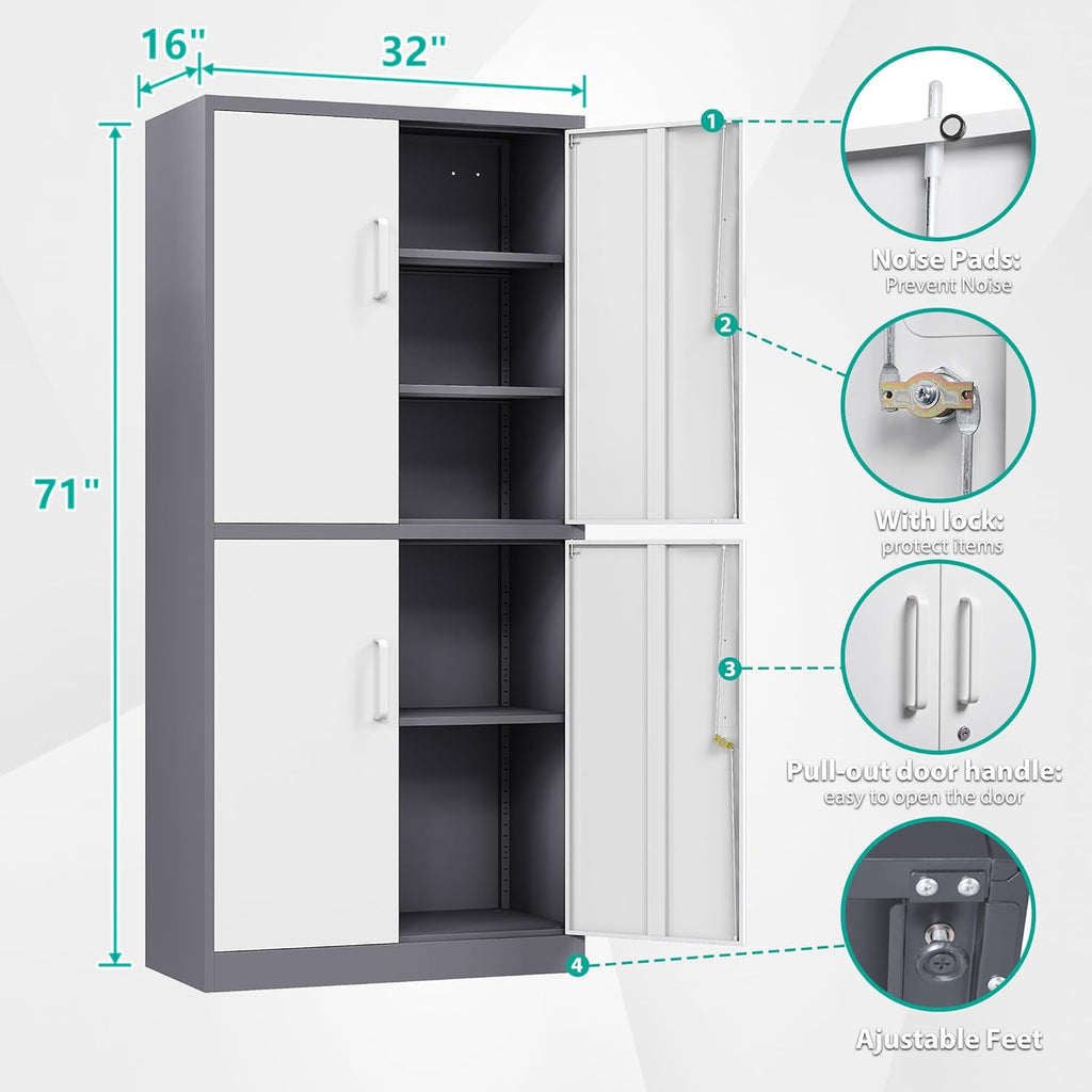 Metal Storage Cabinet with 2 Doors and 6 Shelves, Black Metal Cabinet with Lock, 71 Inch Lockable Garage Storage Cabinet wourant