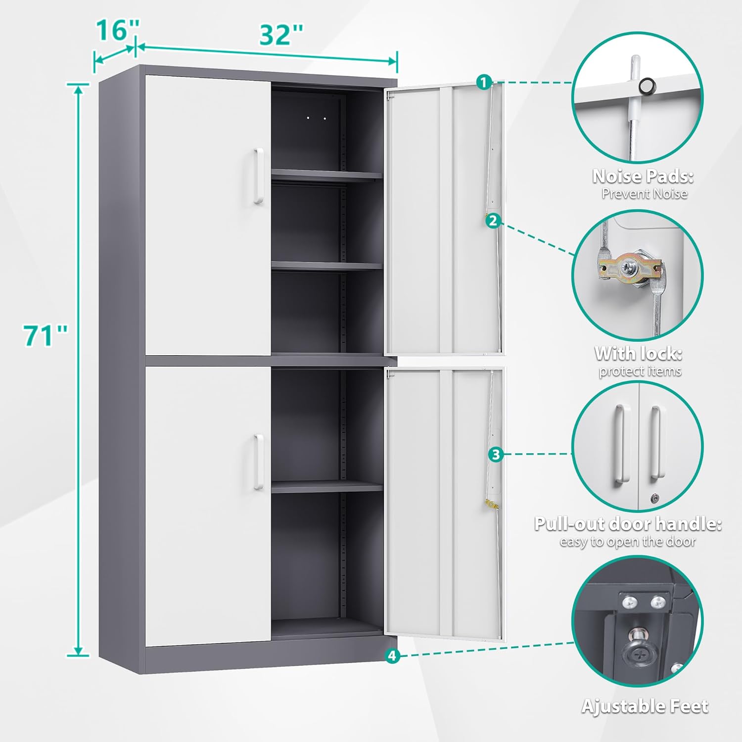 Metal Storage Cabinet with 2 Doors and 6 Shelves, Black Metal Cabinet with Lock, 71 Inch Lockable Garage Storage Cabinet wourant