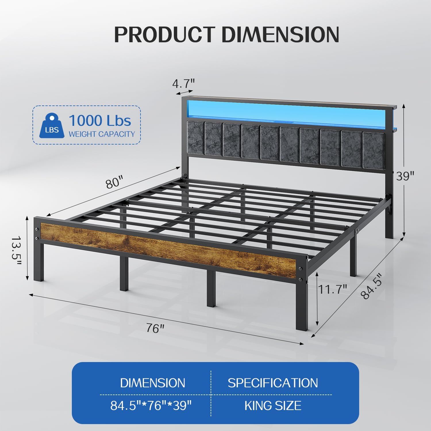 Queen Size Bed Frame with 2-Tier Storage Shelves Headboard Platform Bed Charging Station wourant