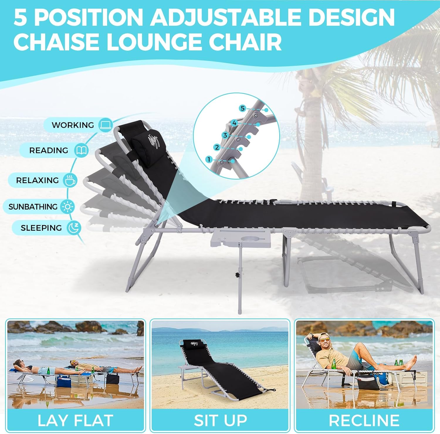 2 Pack Outdoor Chaise Lounge Chair - Portable Folding Patio Pool Lounge Chair, 5 Positions Adjustable Reclining Camping Chair with Side Table,Shoulder Strap, Pillow for Beach Sunbathing Lawn wourant