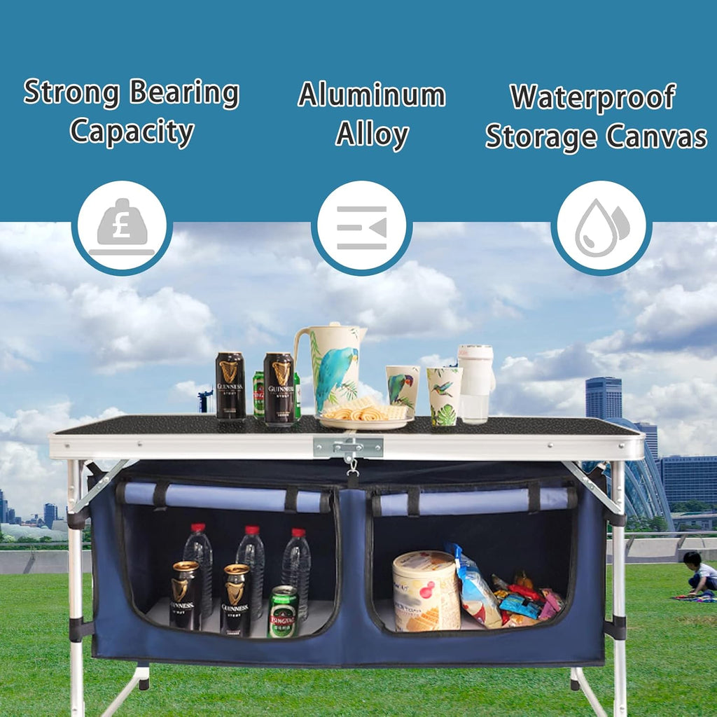Outdoor Folding Table Aluminum Lightweight Height Adjustable with Storage Organizer for BBQ, Party, Camping wourant