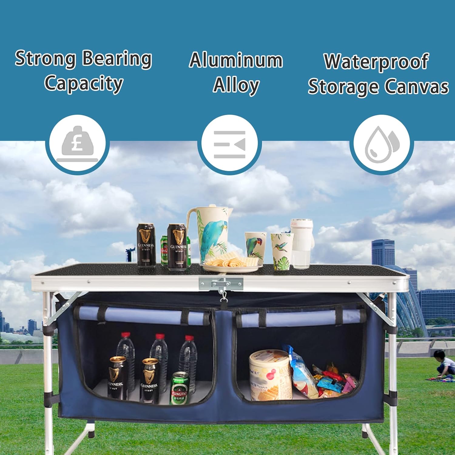 Outdoor Folding Table Aluminum Lightweight Height Adjustable with Storage Organizer for BBQ, Party, Camping wourant