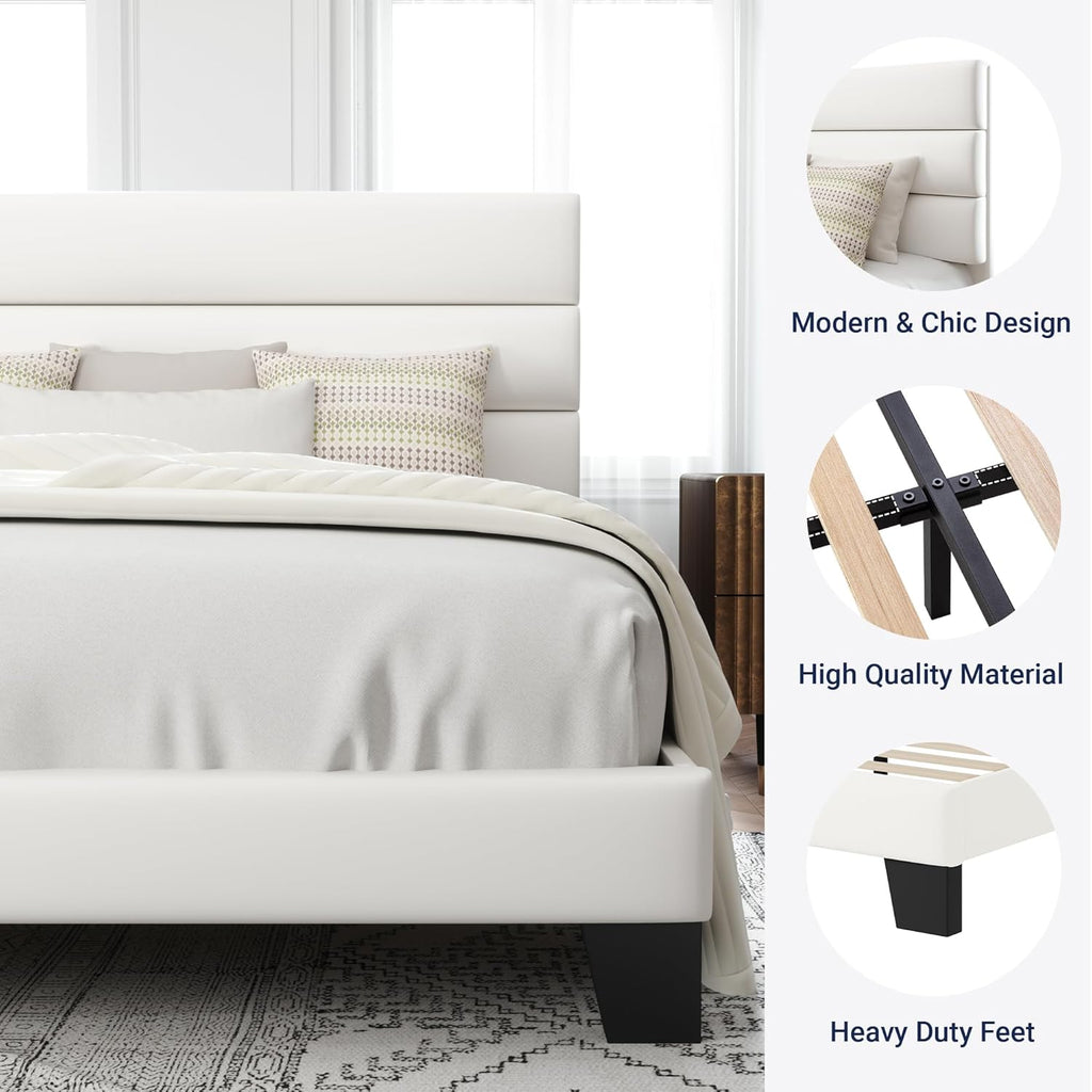 Allewie Queen Size Platform Bed Frame Fabric Upholstered Headboard Wooden Slats Support wourant