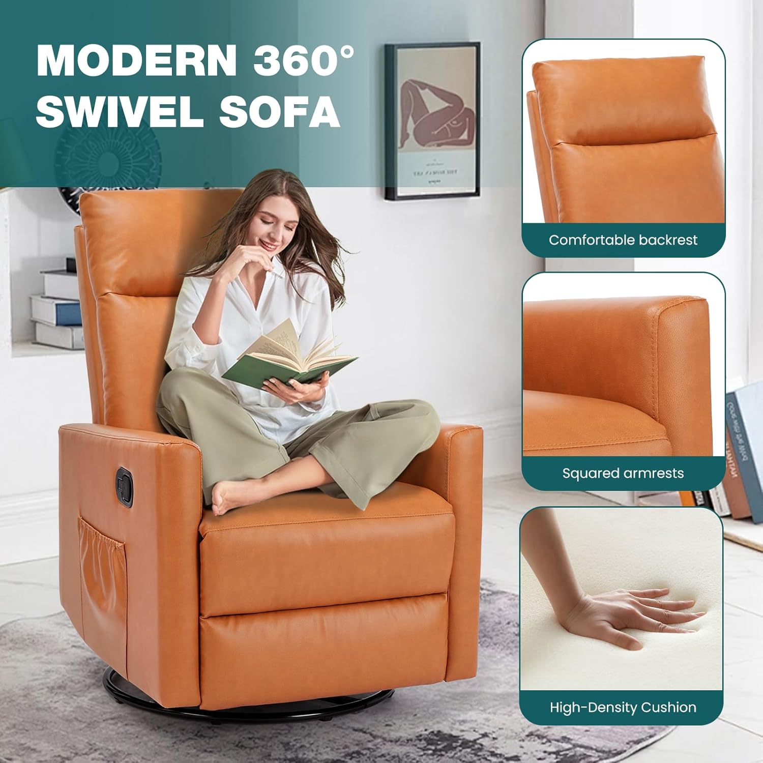 Swivel Rocking Recliner Chair with Extra Large Footrest High Back, Upholstered Glider Nursery Chair for Living Room, Bedroom & Nursery, Comfortable Deep Seat for Relaxation, Grey wourant