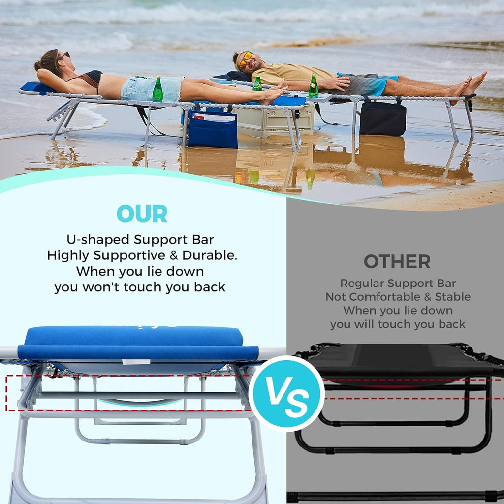 2 Pack Outdoor Chaise Lounge Chair - Portable Folding Patio Pool Lounge Chair, 5 Positions Adjustable Reclining Camping Chair with Side Table,Shoulder Strap, Pillow for Beach Sunbathing Lawn wourant