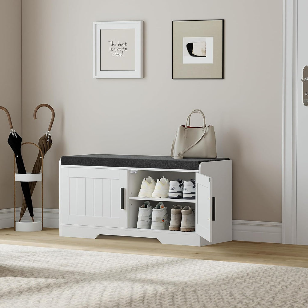 2-Tier Storage Bench, Shoe Bench with Thickened Padded Seat Cushion, Entryway Bench with 4 Doors, Adjustable Shelf wourant
