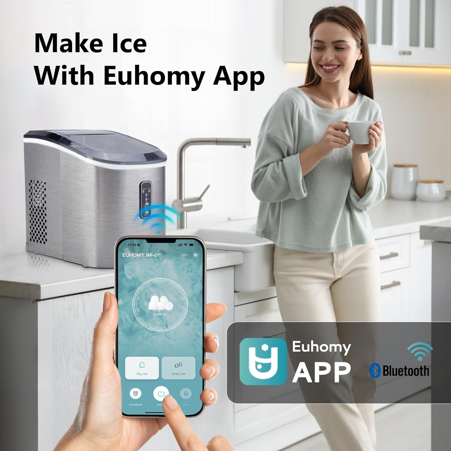 EUHOMY Nugget Ice Maker Countertop with Handle, Ready in 6 Mins, 34lbs Per Day, Removable Top Cover, Auto-Cleaning, Portable Sonic Ice Maker with Basket and Scoop, for Home/Party/RV/Camping (Black) wourant