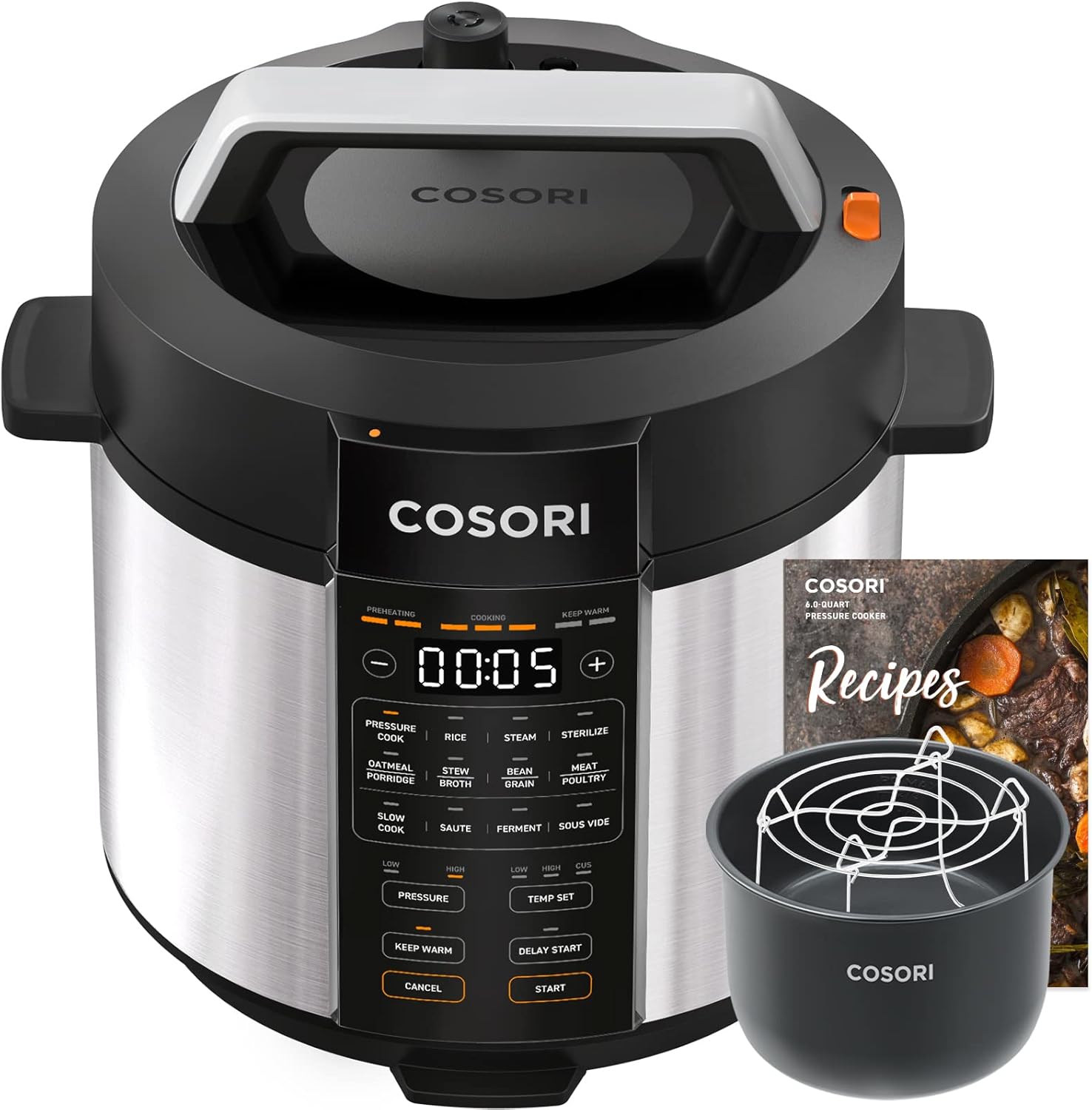 COSORI Pressure Cooker 6 qt, 9-in-1 Instant Multi Kitchen Appliances, Safer Venting Design, Rice Cooker, Slow Cooking Pot, Sous Vide, Saute Pot, 1100W, Stainless Steel wourant