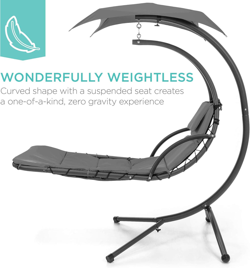 Best Choice Products Outdoor Hanging Curved Steel Chaise Lounge Chair Swing w/Built-in Pillow and Removable Canopy - Charcoal Gray wourant