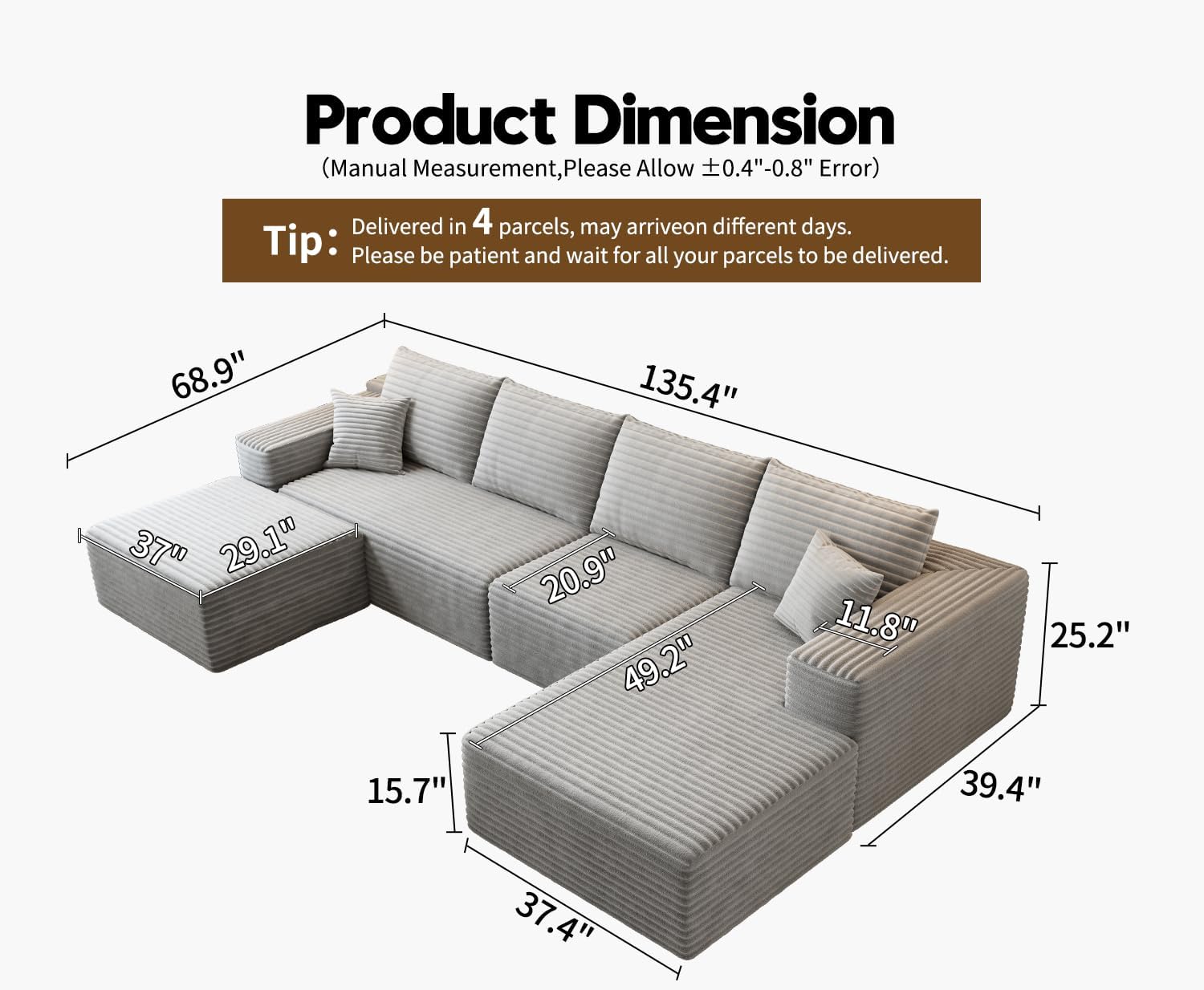107.5" Cloud Modular Sectional Sofa Couch with L-Shape Chaise,Modern Minimalist Upholstered Couches wourant